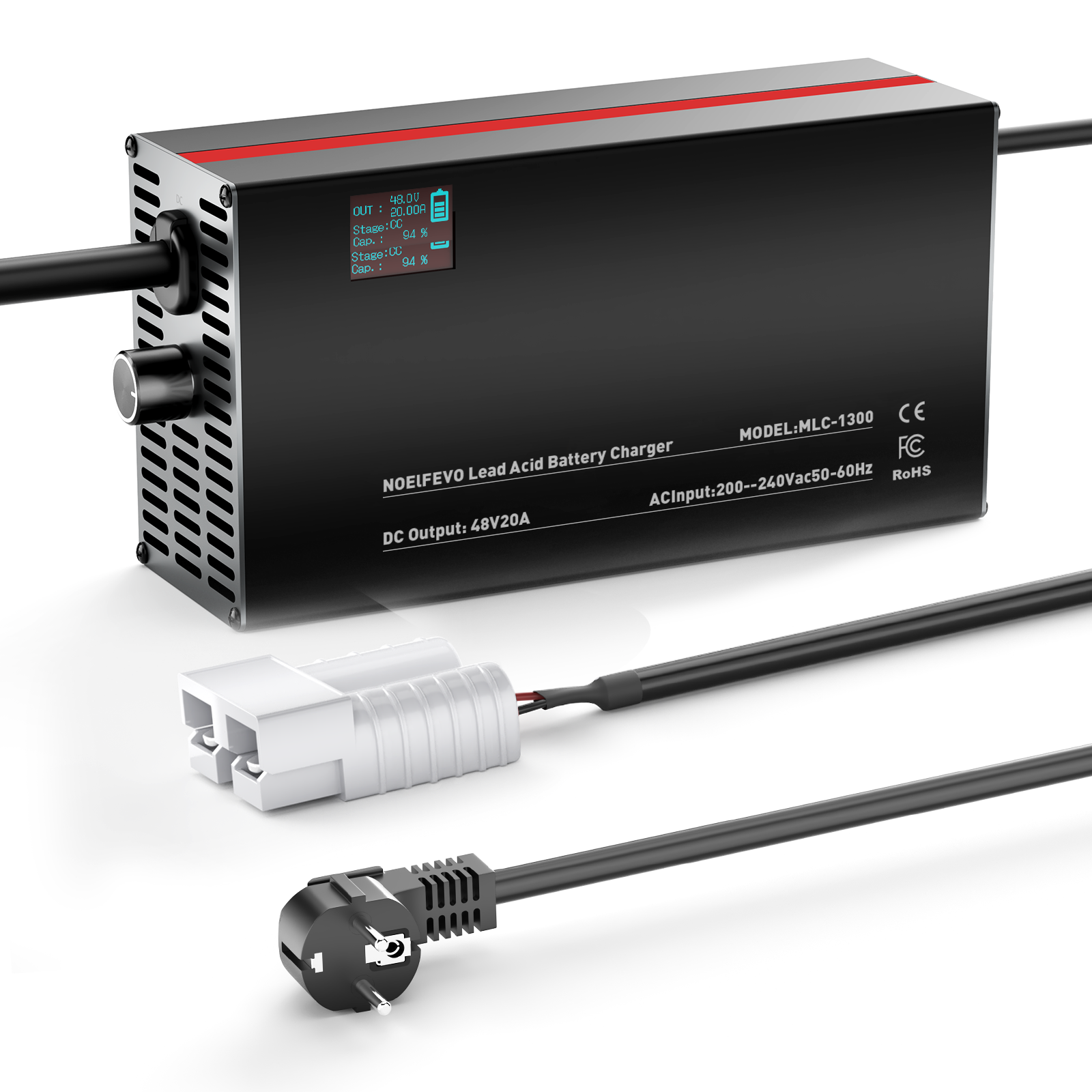 NOEIFEVO 48V 2A-20A Strøm Justerbart Batterioplader til Blysyre Batterier, AGM, Gel, Golfvogn Batterioplader, LED-Display