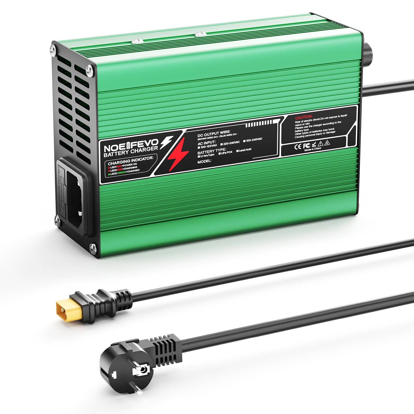 NOEIFEVO 33.6V 2A 3A 4A 5A Cargador de litio para baterías Li-Ion Lipo 8S 29.6V, Ventilador de enfriamiento, apagado automático (VERDE)