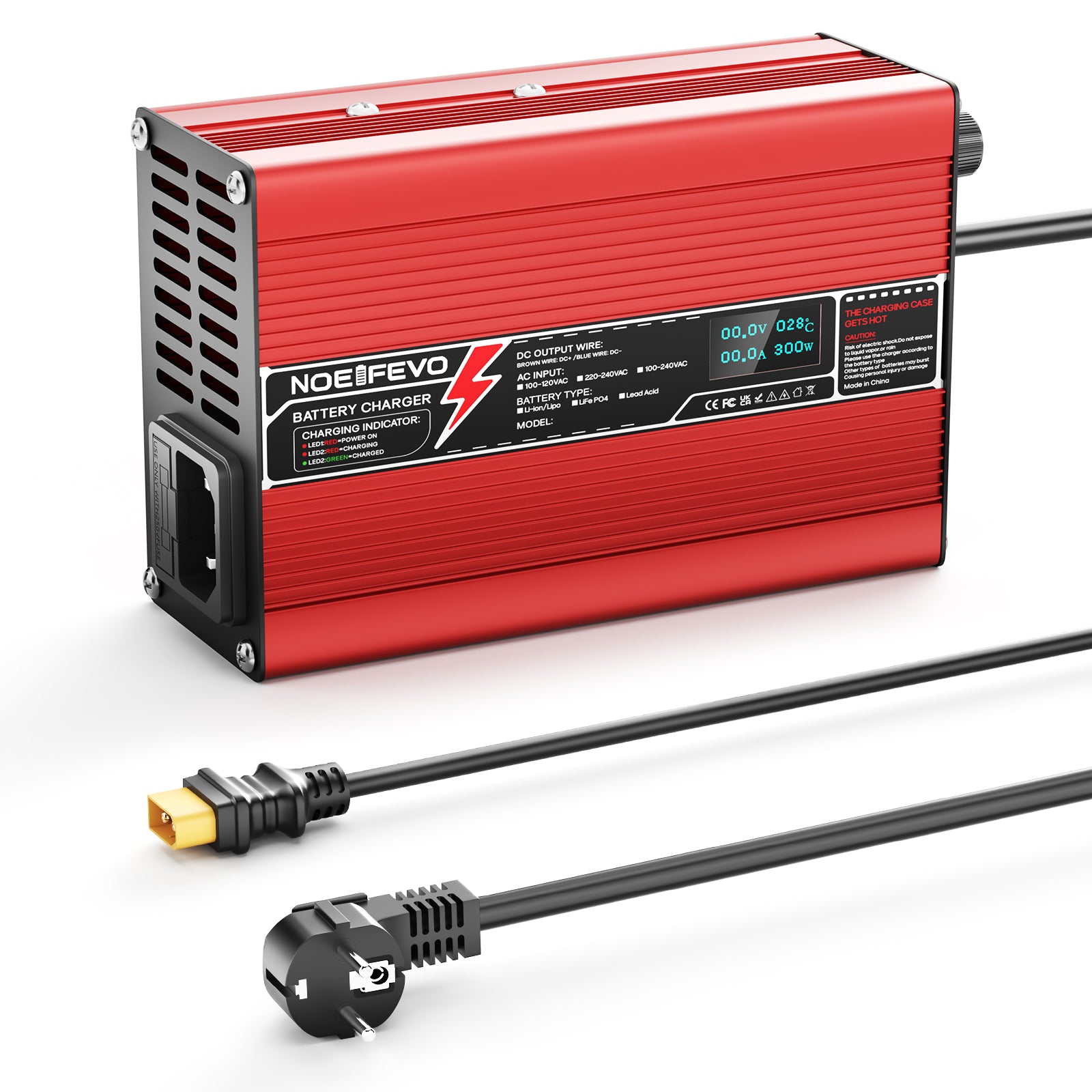 Cargador de litio NOEIFEVO 16.8V 5A 6A 7A 8A 10A para baterías Li-Ion Lipo 4S 14.8V, con pantalla LCD, ventilador de enfriamiento, apagado automático (ROJO).