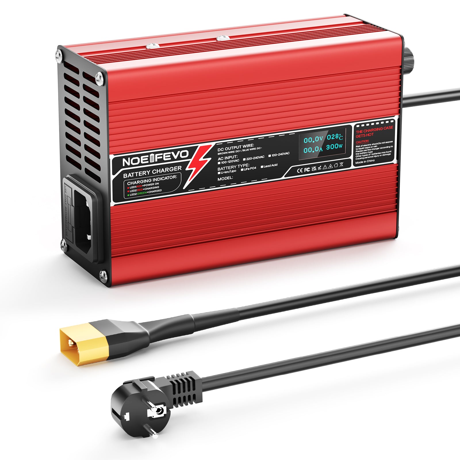 מטען ליתיום NOEIFEVO 25.2V 2A 3A 4A 5A לסוללות Li-Ion Lipo 6S 22.2V, מאוורר קירור, כיבוי אוטומטי (אדום)