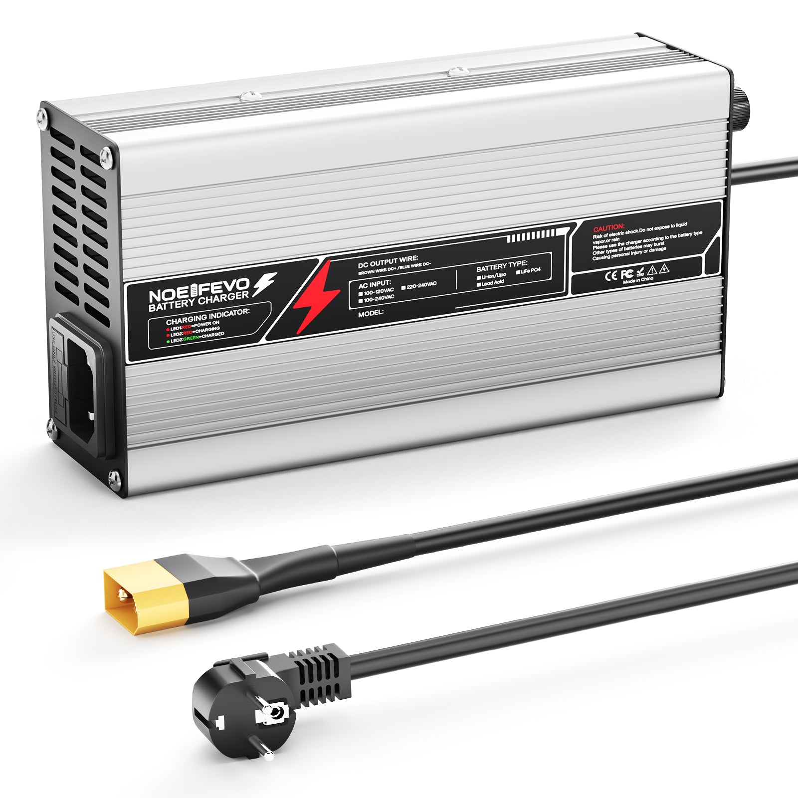 NOEIFEVO 14,6V 20A Carregador de Bateria LiFePO4 para Bateria de 12V (12,8V) 4S, Desligamento Automático, Carcaça de Alumínio, com Ventilador (Prata)