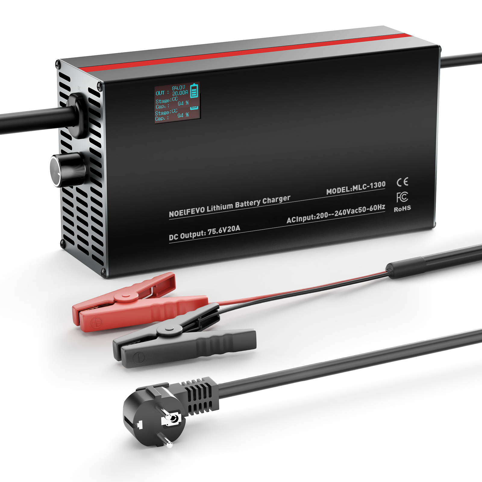 NOEIFEVO 84V 2-20A Lithium-Batterieladegerät für 74V 20S Lithium-Li-Ionen-Lipo-Batterie, LCD-Anzeige, Strom einstellbar, Ladegerät für E-Bike, Roller, Elektromotorrad