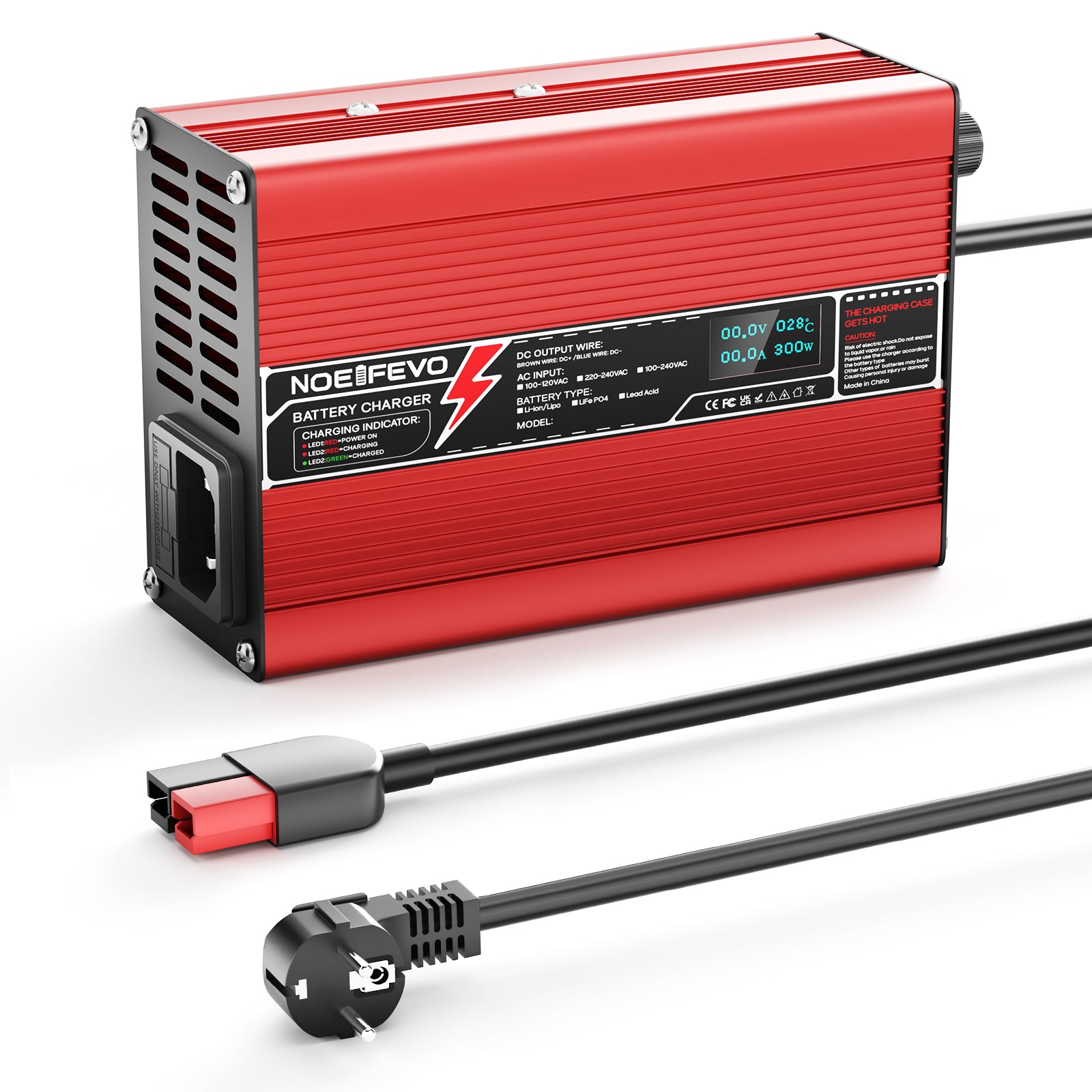 Cargador de litio NOEIFEVO 16.8V 5A 6A 7A 8A 10A para baterías Li-Ion Lipo 4S 14.8V, con pantalla LCD, ventilador de enfriamiento, apagado automático (ROJO).