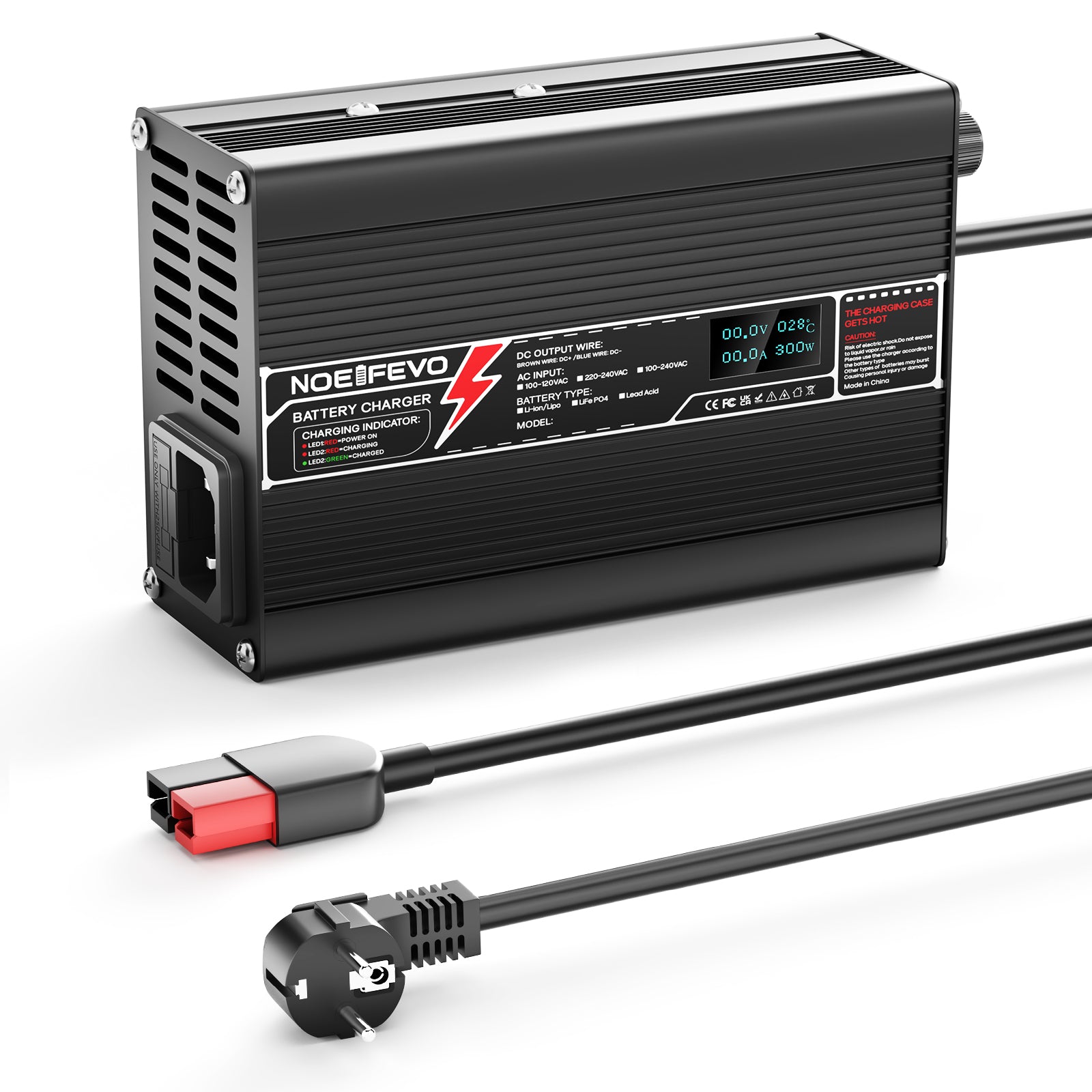 NOEIFEVO 33.6V 2A Lithium-Lader til 8S 29.6V Li-Ion Lipo-batterier, med LCD-display, køleventilator, automatisk slukning