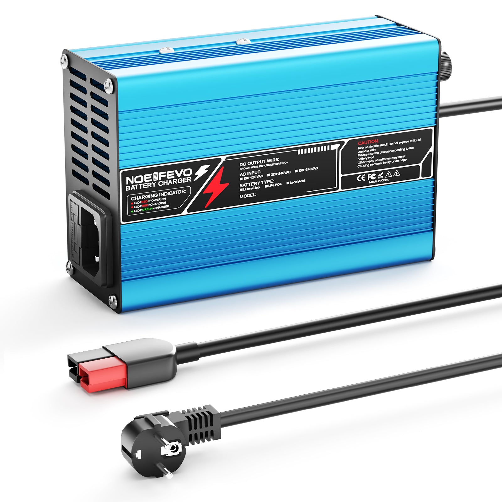 Caricabatterie NOEIFEVO 37.8V  2A 3A 3.5A 4A per batterie Li-Ion Lipo 9S 33.3V, ventola di raffreddamento, spegnimento automatico (BLU)