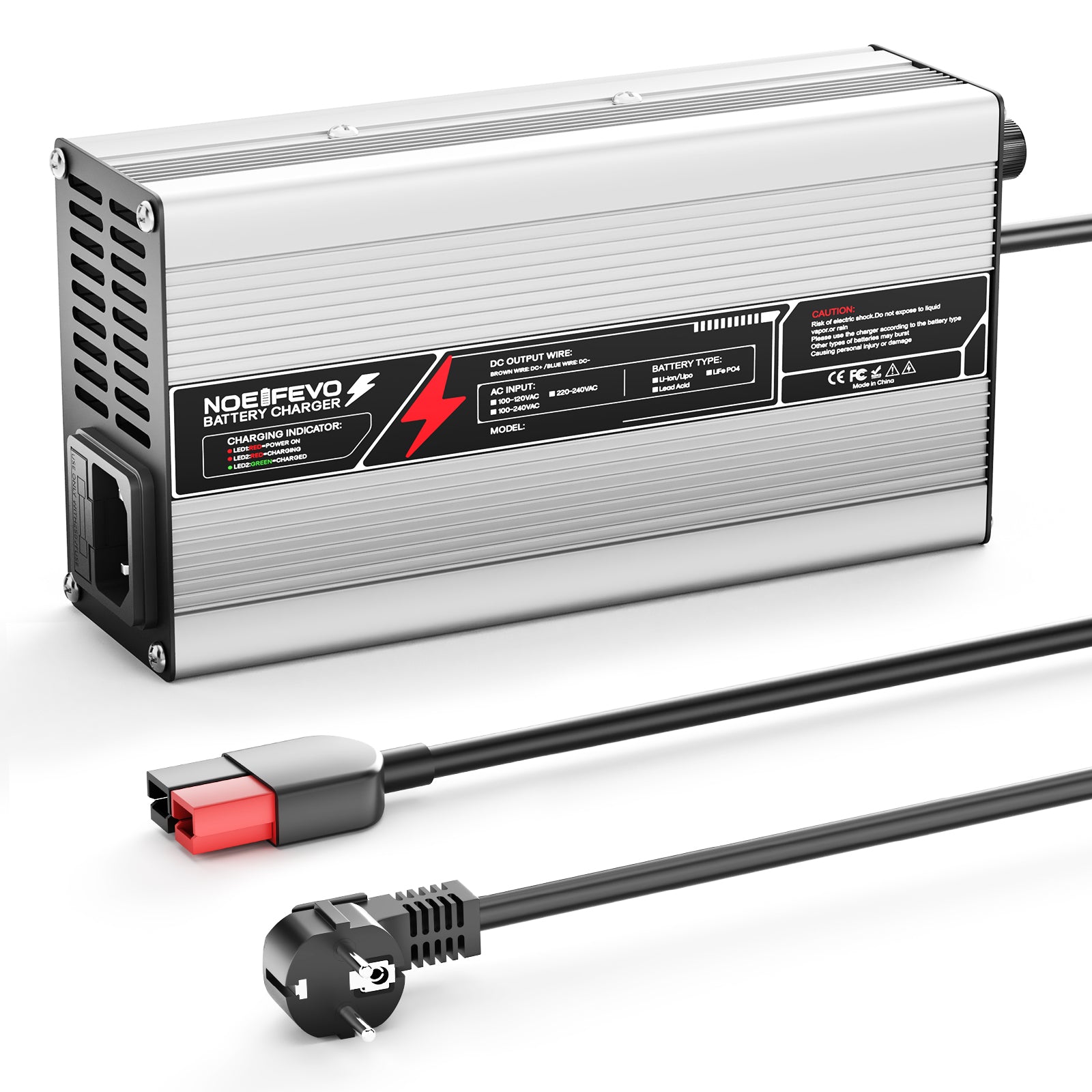 NOEIFEVO 14,6V 20A cargador de batería LiFePO4 para batería de 12V (12,8V) 4S, con apagado automático, carcasa de aluminio, con ventilador (plata).