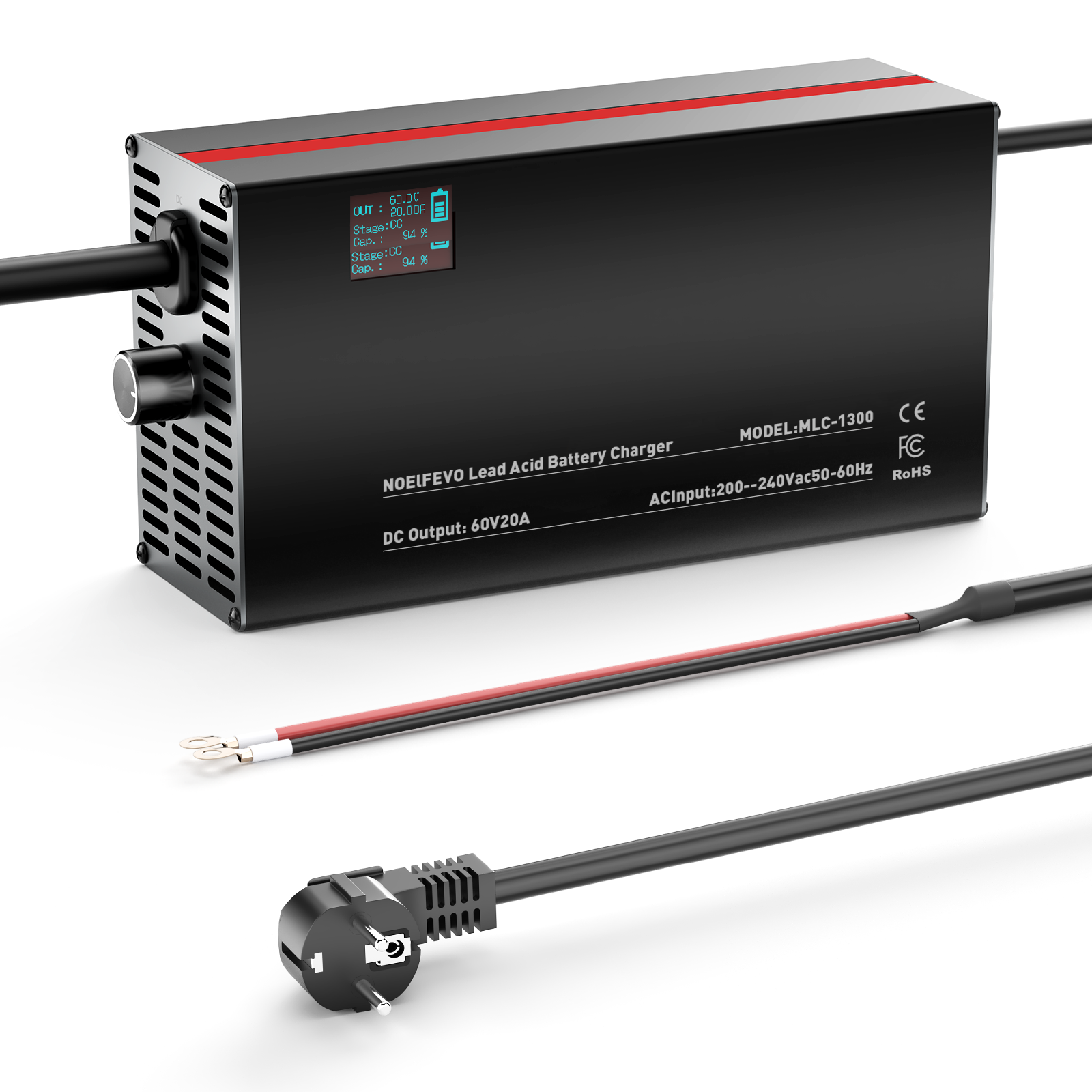 NOEIFEVO 48V 2A-20A Strøm Justerbart Batterioplader til Blysyre Batterier, AGM, Gel, Golfvogn Batterioplader, LED-Display