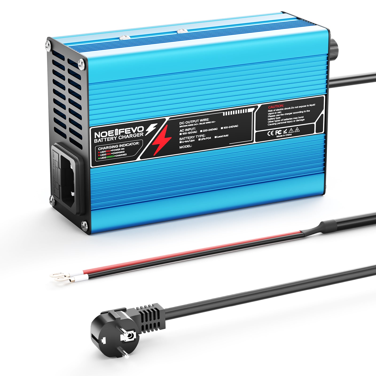 Caricabatterie NOEIFEVO 37.8V  2A 3A 3.5A 4A per batterie Li-Ion Lipo 9S 33.3V, ventola di raffreddamento, spegnimento automatico (BLU)