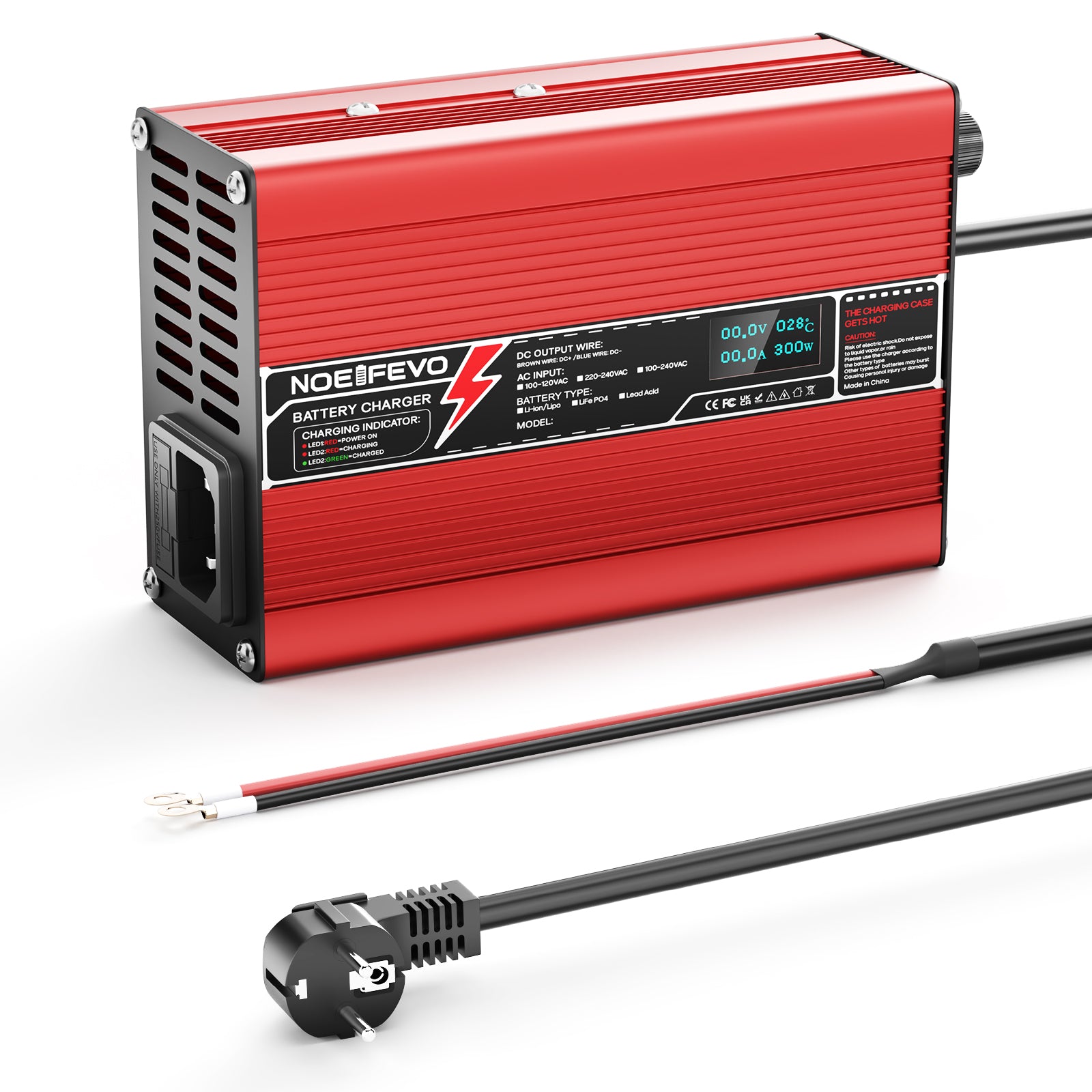 NOEIFEVO 50.4V 2A 2.5A 3A Cargador de Litio para baterías 12S 44.4V Li-Ion Lipo, con ventilador de refrigeración y apagado automático (ROJO)