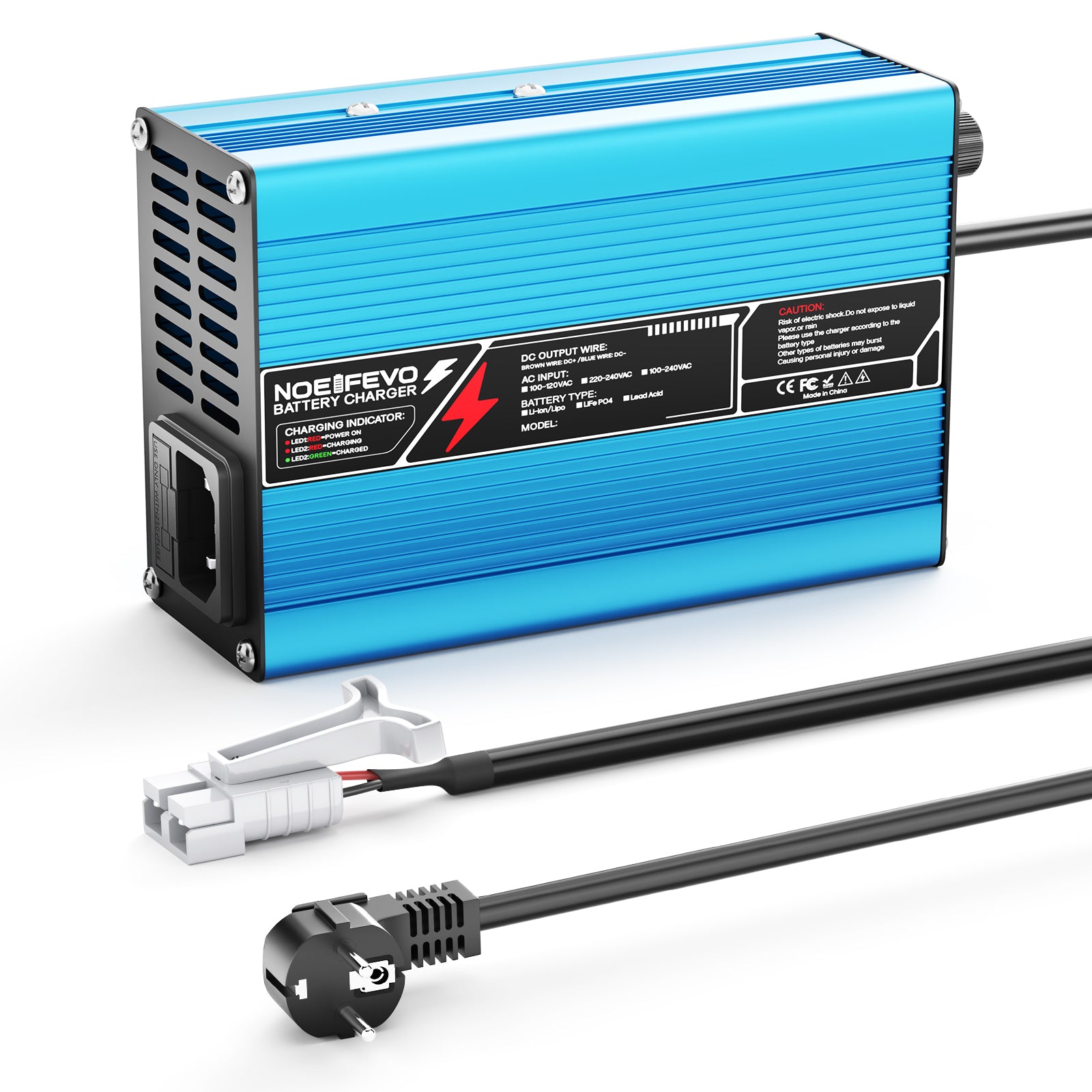 NOEIFEVO 33.6V 5A Carregador de Lítio para Baterias Li-Ion Lipo 8S 29.6V, Ventilador de Resfriamento, Desligamento Automático (AZUL)