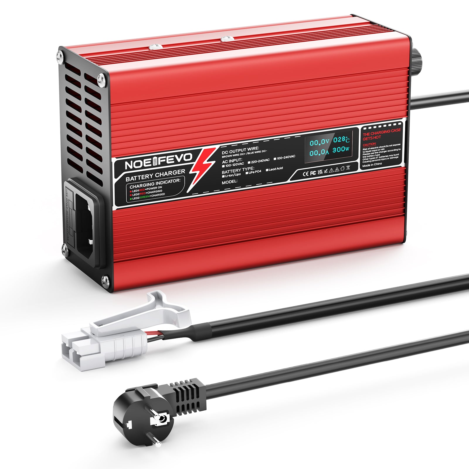 NOEIFEVO Caricabatterie al litio 29.4V 2A 3A 4A 5A per batterie Li-Ion Lipo 7S 25.9V, con ventola di raffreddamento, spegnimento automatico (ROSSO)