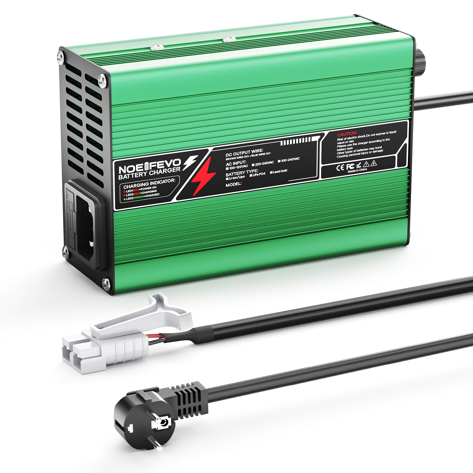 NOEIFEVO 50.4V 2A 2.5A 3A Lithium-Lader voor 12S 44.4V Li-Ion Lipo-batterijen, koelventilator, automatische uitschakeling (GREEN)