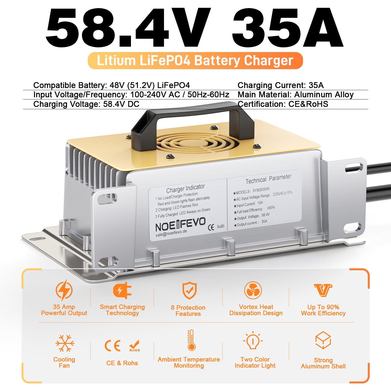 NOEIFEVO 51,2V 48V 16S Lithium LiFePO4 batterilader, 58,4V 35A lader for solbatterier, golfbilbatterier, båtbatterier, vanntett, 0V BMS-aktivert