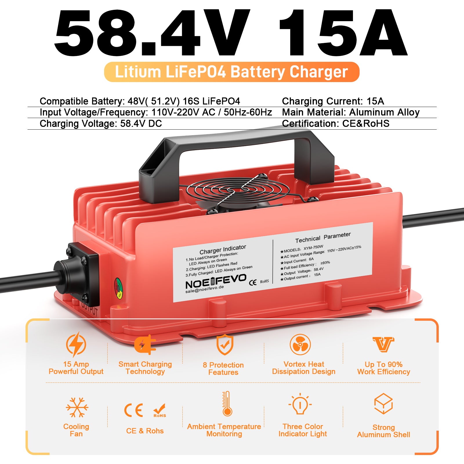 NOEIFEVO 58.4V 15A מטען סוללות LiFePO4 עמיד למים עבור 51.2V (48V) 16S LiFePO4 סוללה