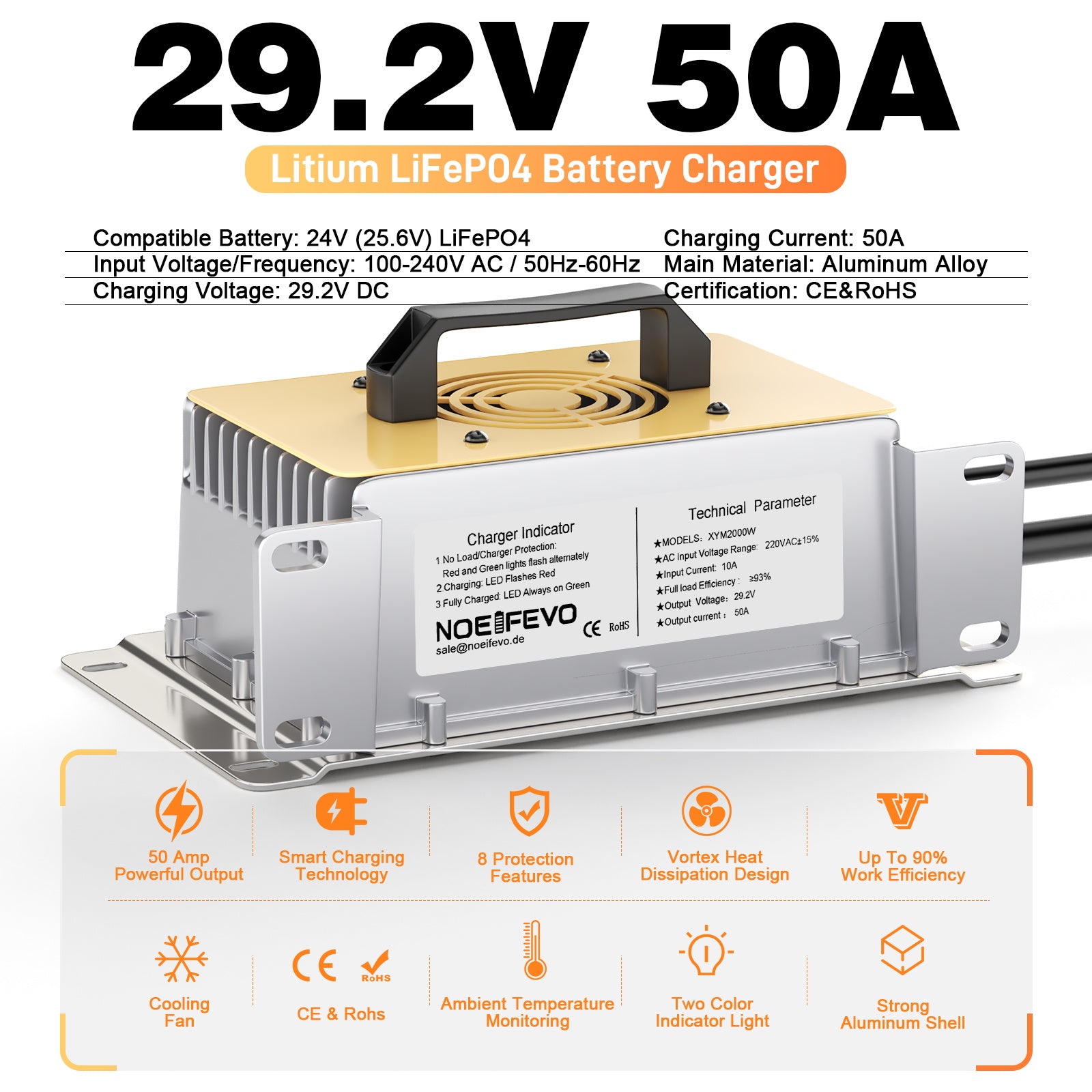 NOEIFEVO 29,2 V 50A Cargador rápido para batería de litio LiFePO4 de 24 V 25,6 V, resistente al agua, activación BMS de 0 V