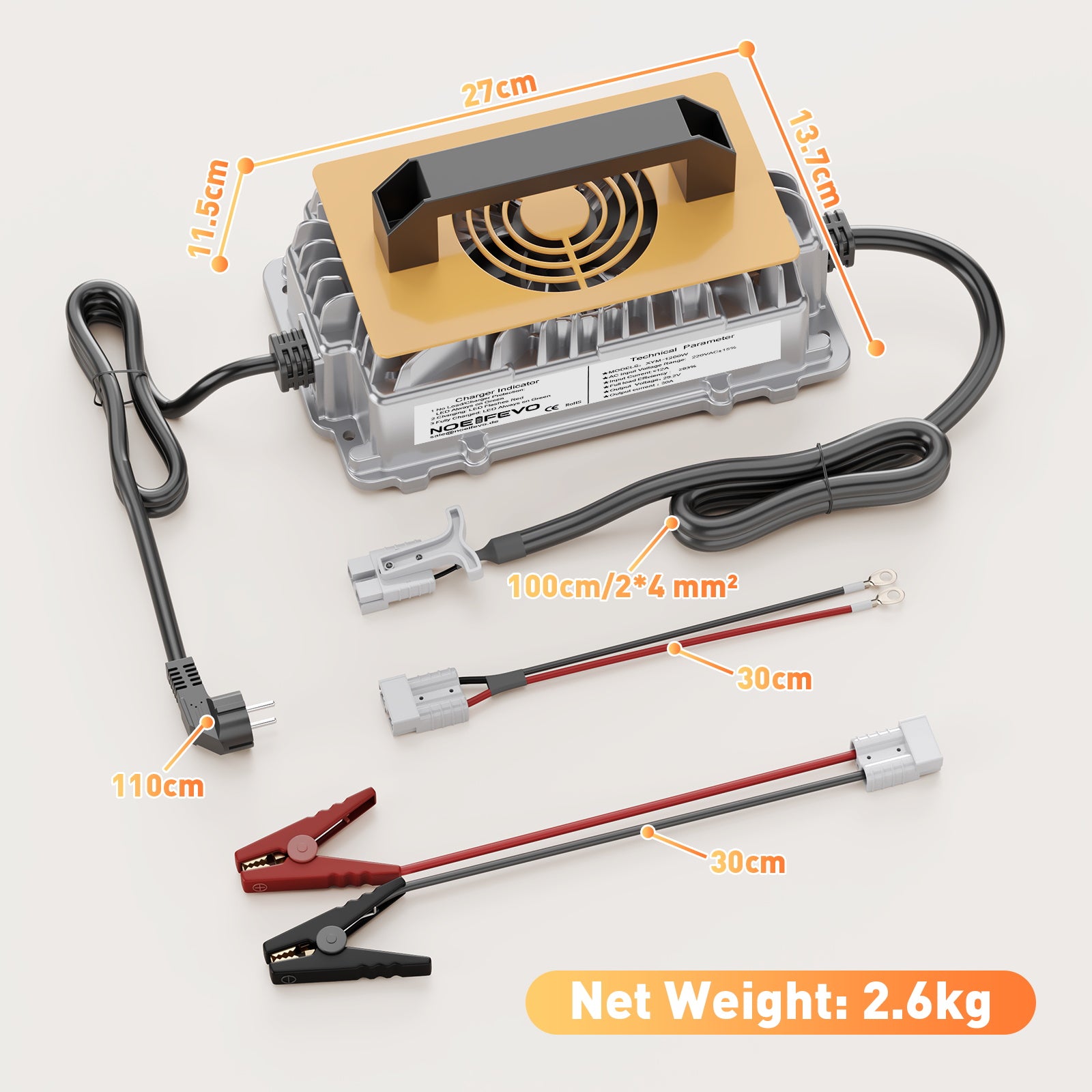 Noeifevo 29,2V 30A LiFePO4 nabíjačka batérií pre 24V 25,6V lítiovú batériu, vodotesná, 0V BMS aktivácia, automatické vypnutie