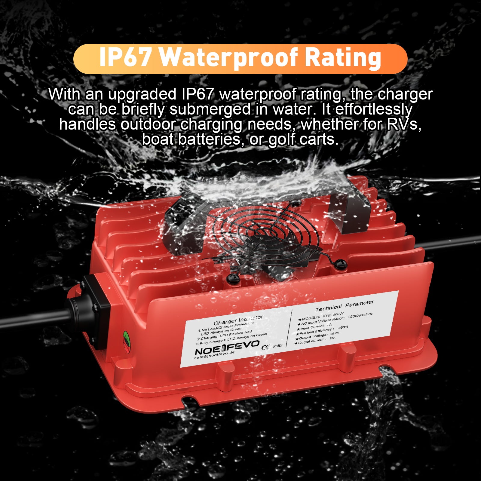 NOEIFEVO 29,2 V 20A LiFePO4 batteria per Caricabatterie impermeabile  per batteria al litio 25,6 V (24 V) 8S, attivazione BMS 0 V, con protezione completa