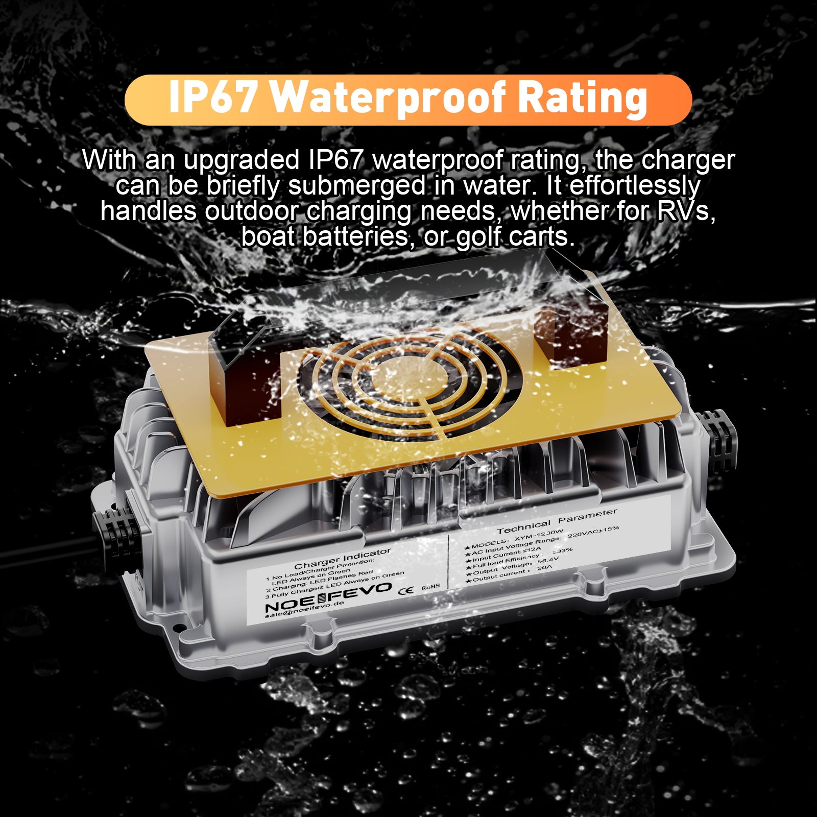 NOEIFEVO 58,4 V 20A Lifepo4 litowo-jonowych akumulatorów Ładowarka do akumulatorów 48 V (51,2 V) 16S, wodoodporna, aktywacja BMS 0 V, automatyczne wyłączanie z pełną ochroną