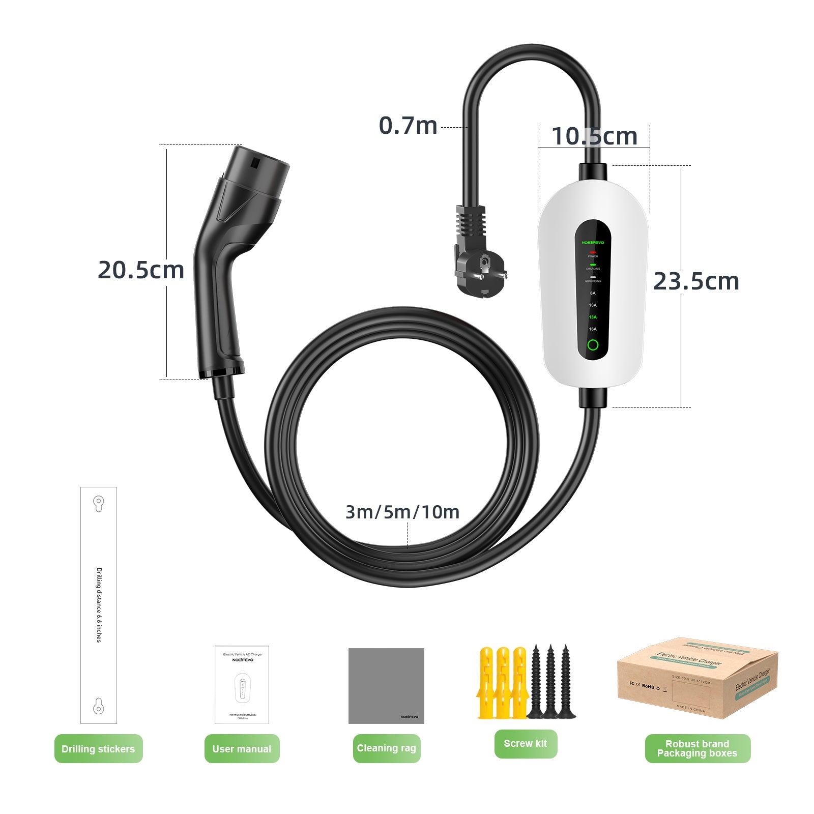 NOEIFEVO F095 Tipo 2 para cabo de carregamento Schuko EV para veículo elétrico, 3,5KW 6A a 16A corrente ajustável, 3m/5m/10m
​