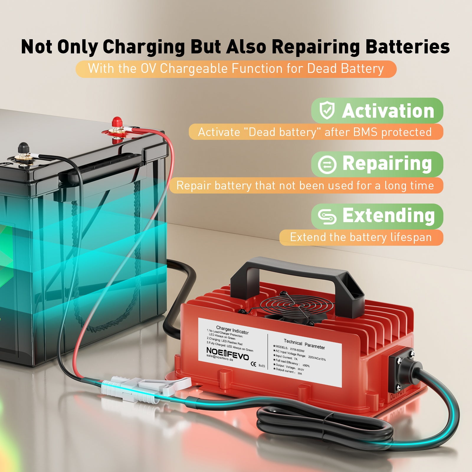 NOEIFEVO 29,2 V 20A LiFePO4 batteria per Caricabatterie impermeabile  per batteria al litio 25,6 V (24 V) 8S, attivazione BMS 0 V, con protezione completa
