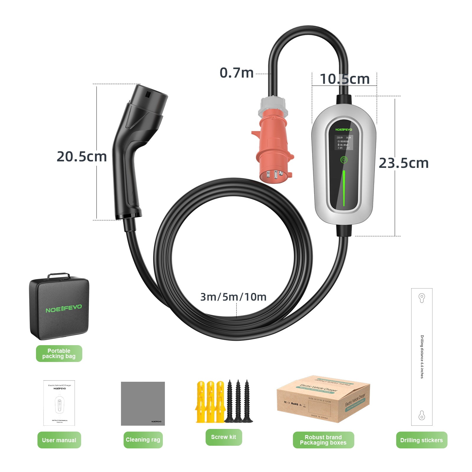 Noeifevo F094 EV-laadstation, 11KW 16A 3 fase 3/5 meter mobiele lader voor elektrische voertuigen type 2