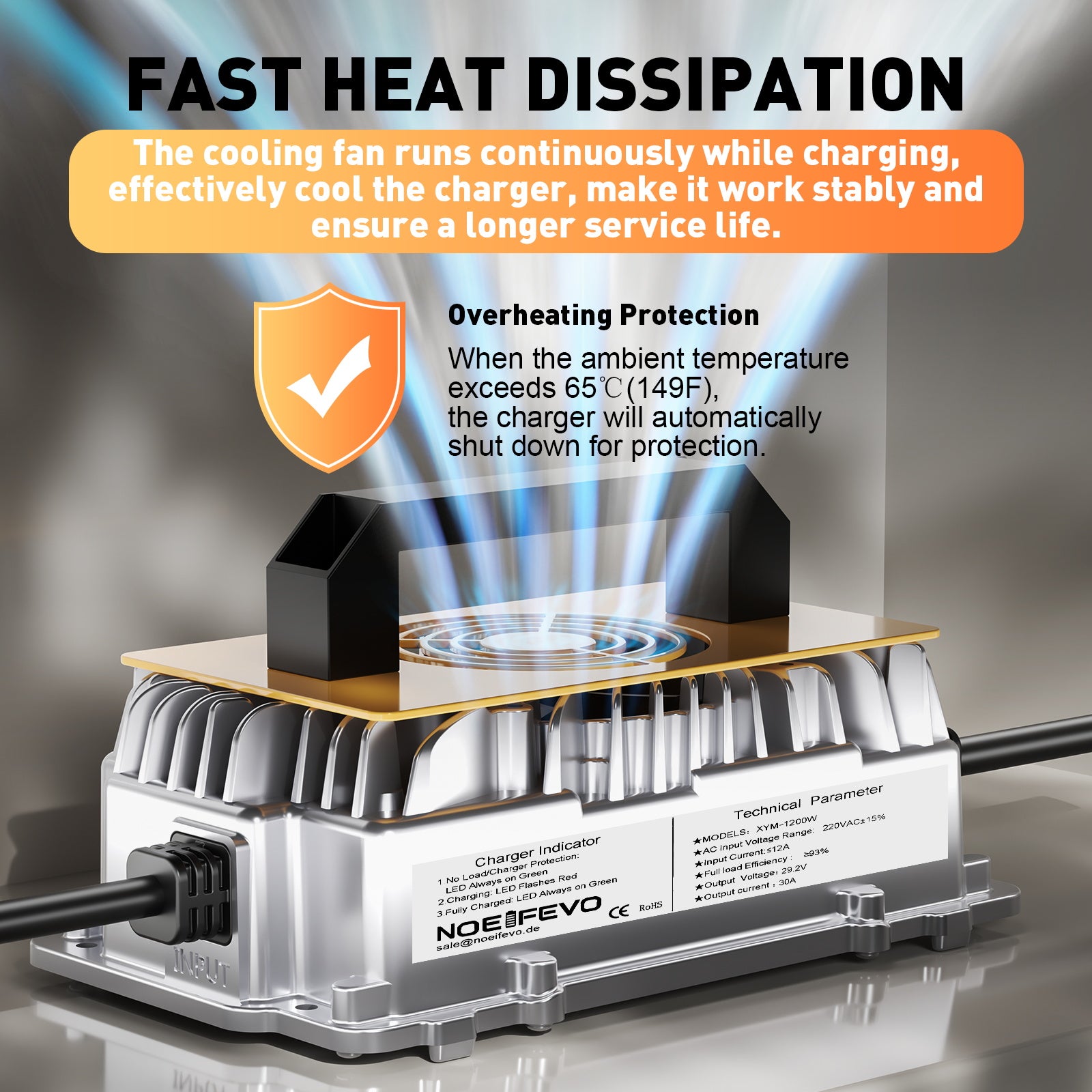Noeifevo 29,2V 30A LiFePO4 nabíjačka batérií pre 24V 25,6V lítiovú batériu, vodotesná, 0V BMS aktivácia, automatické vypnutie