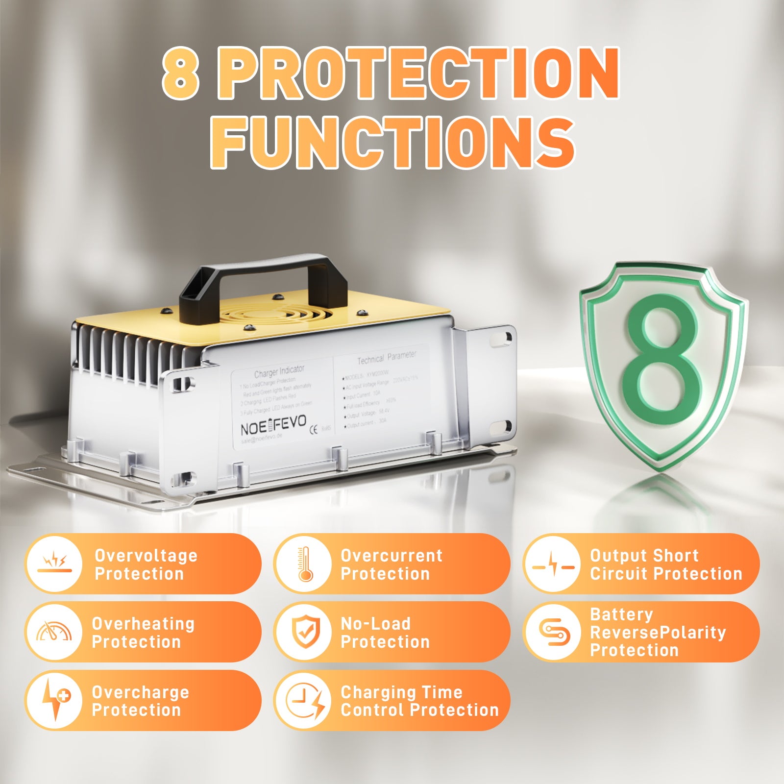 NOEIFEVO 58.4V 30A LiFePO4 batterilader for 51.2V (48V) 16S LiFePO4 batteri, vanntett, 0V BMS aktivert