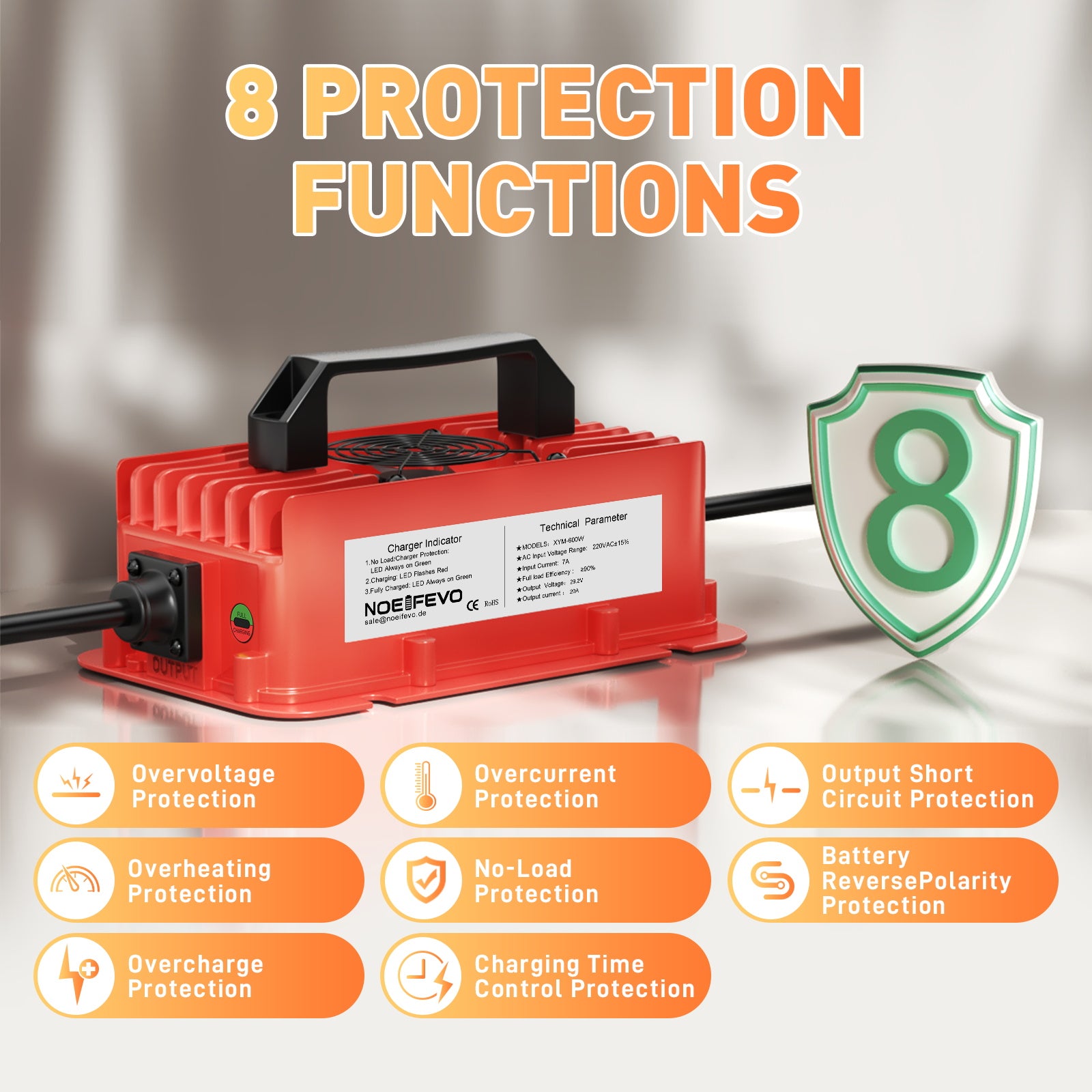 NOEIFEVO 29,2 V 20A LiFePO4 batteria per Caricabatterie impermeabile  per batteria al litio 25,6 V (24 V) 8S, attivazione BMS 0 V, con protezione completa