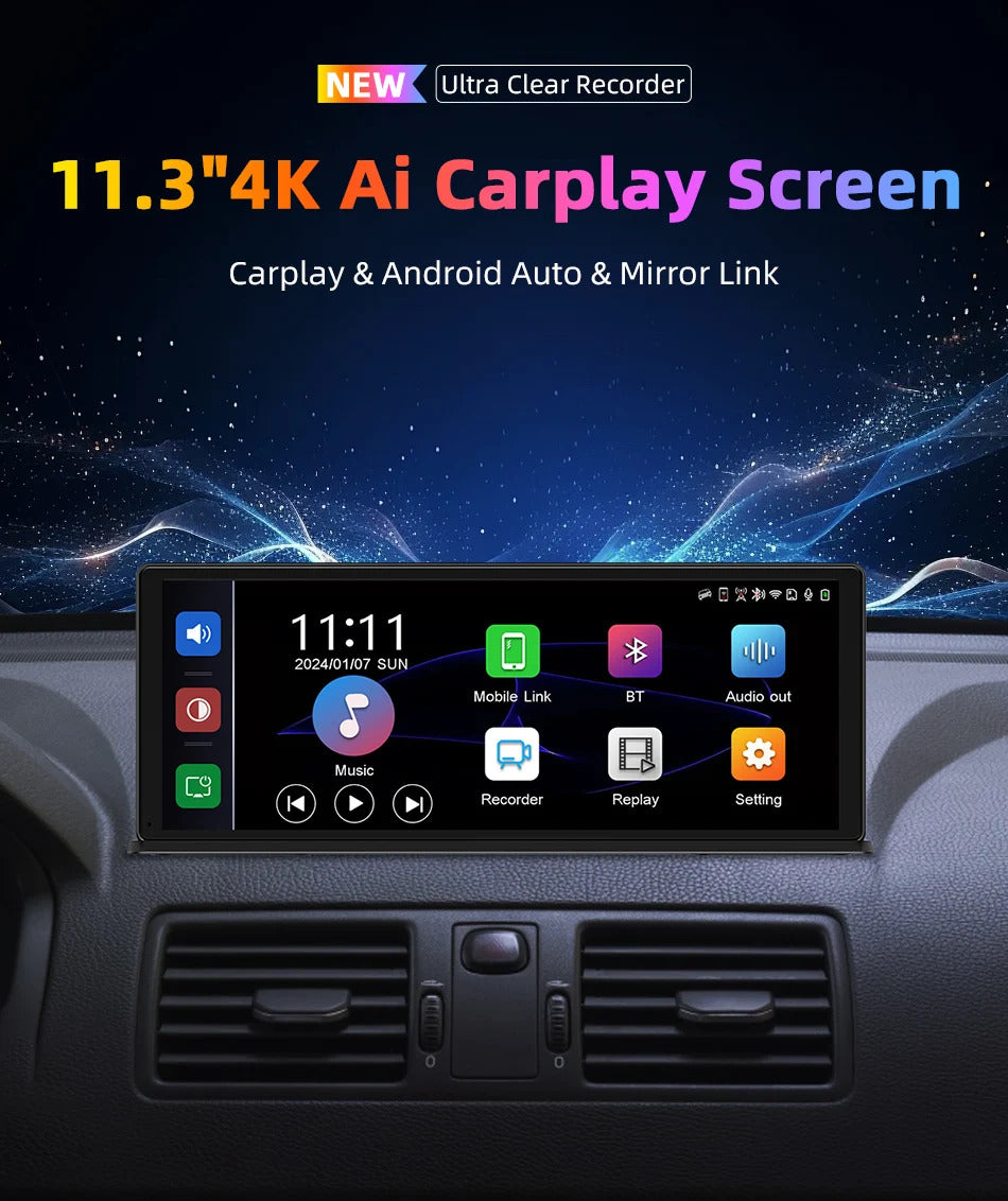 NOEIFEVO 11,3 pollici aggiornato schermo wireless Carplay per auto con dashcam 4K e telecamera per la retromarcia 1080p, supporto per Apple Carplay e Android Auto autoradio, navigazione GPS/Collegamento specchio/Controllo vocale/FM/Bluetooth