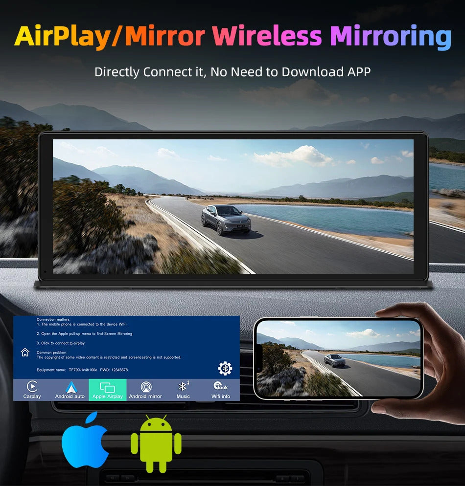 NOEIFEVO 11,3 pollici aggiornato schermo wireless Carplay per auto con dashcam 4K e telecamera per la retromarcia 1080p, supporto per Apple Carplay e Android Auto autoradio, navigazione GPS/Collegamento specchio/Controllo vocale/FM/Bluetooth