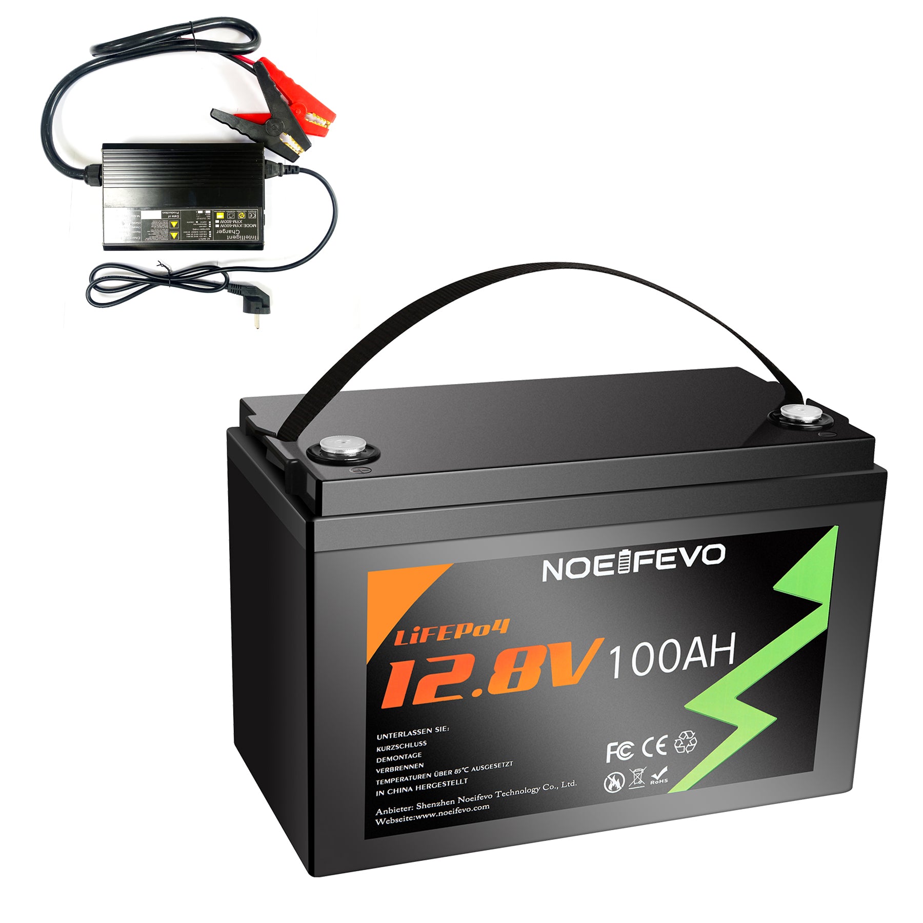 NOEIFEVO 12,8V 100Ah LiFePO4 Lithium Batterij, volledig opgeladen in 2 uur met 14,6V 50A lader, 4000+ laadcycli, perfect als energiebron voor camper, boot.