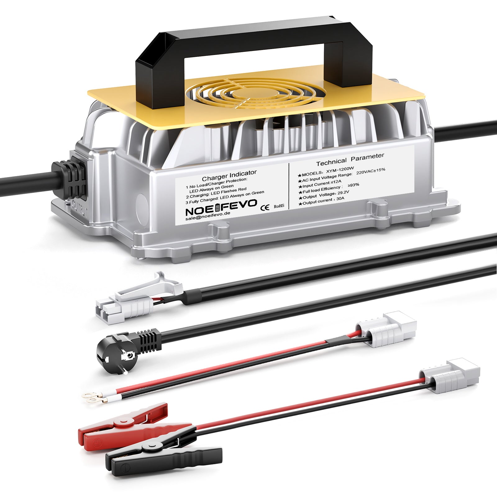 Noeifevo 29,2V 30A LiFePO4 nabíjačka batérií pre 24V 25,6V lítiovú batériu, vodotesná, 0V BMS aktivácia, automatické vypnutie