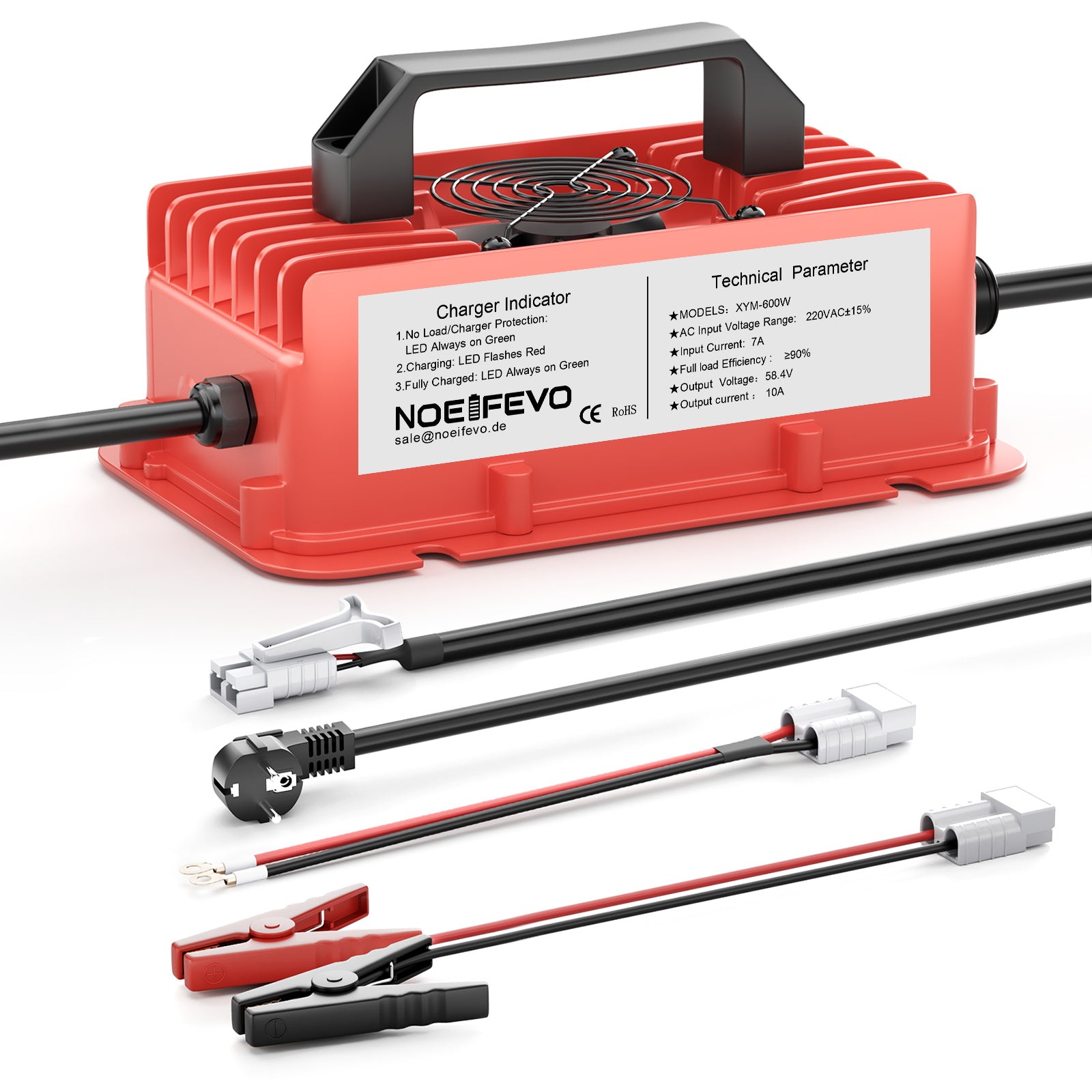 NOEIFEVO 58,4V 10A lítiová LiFePO4 nabíjačka batérií pre 51,2V (48V) 16S batériu, vodotesná, automatické vypnutie s plnou ochranou
​
