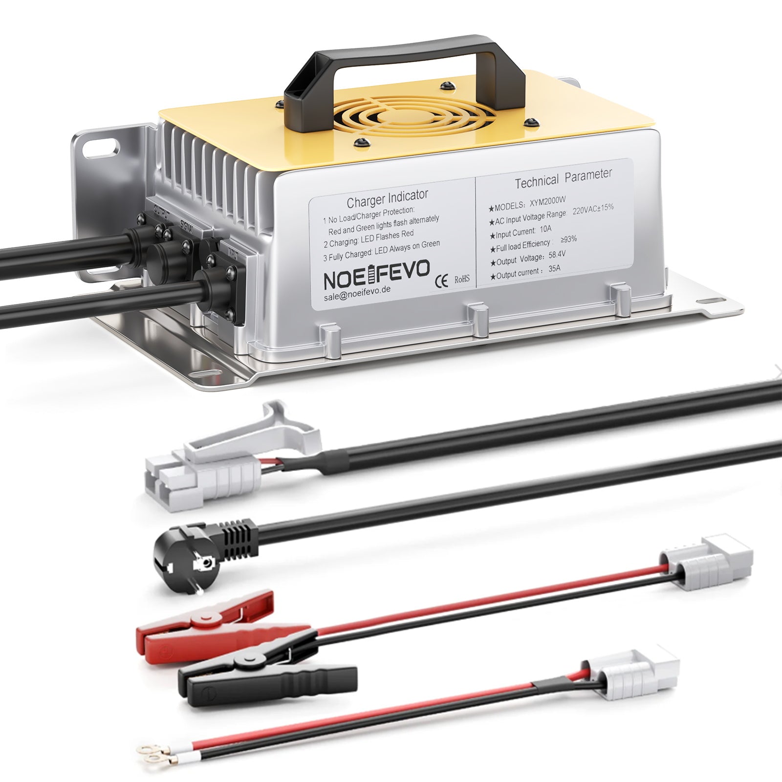 NOEIFEVO 58.4V 30A LiFePO4 nabíjačka pre 51.2V(48V) 16S LiFePO4 batérie, vodotesná, 0V BMS Enabled
