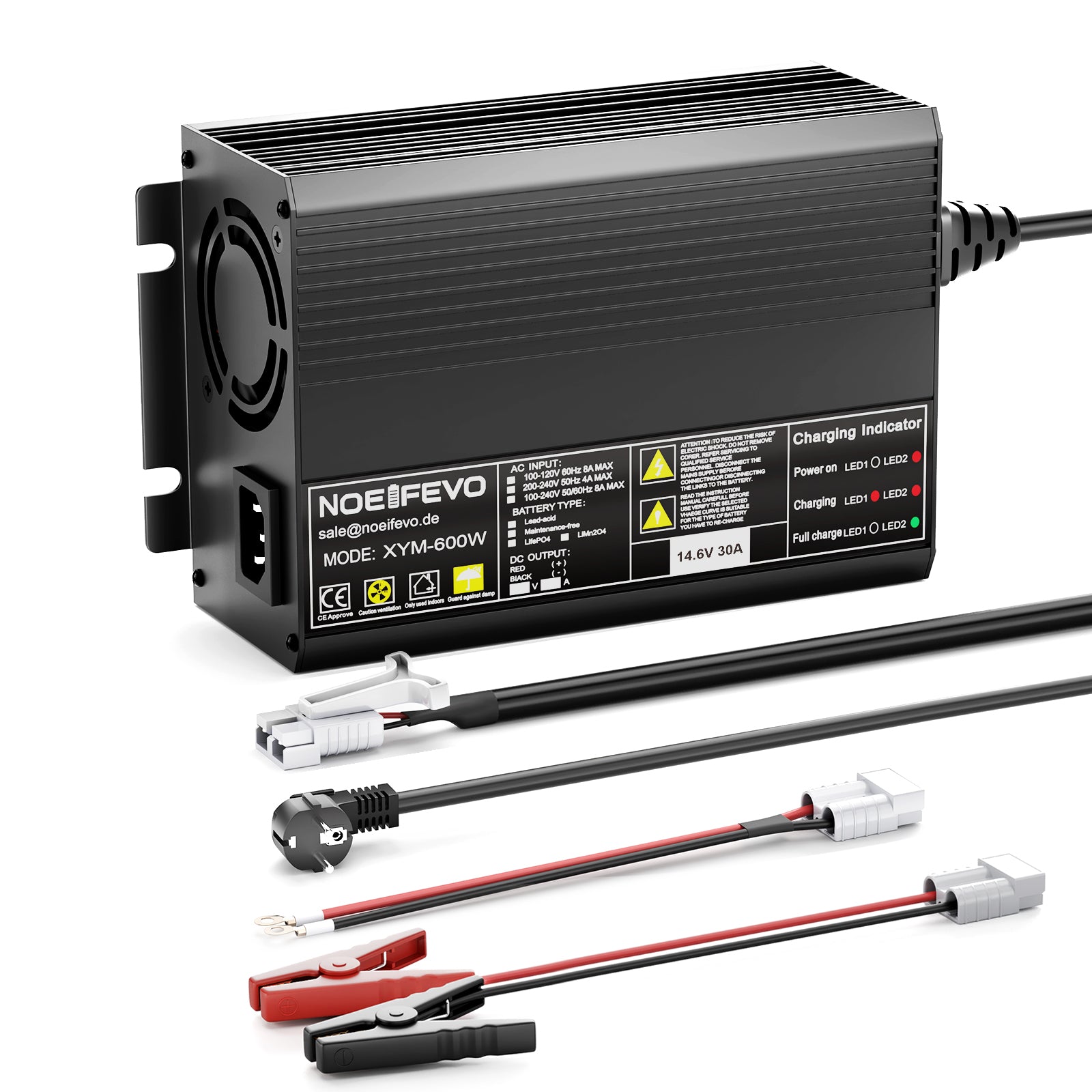 Noeifevo 12V 12.8V 30A Lithium LiFePO4 מטען סוללה, מתח טעינה 14.6V, 0V BMS הפעלה, כיבוי אוטומטי, בית אלומיניום