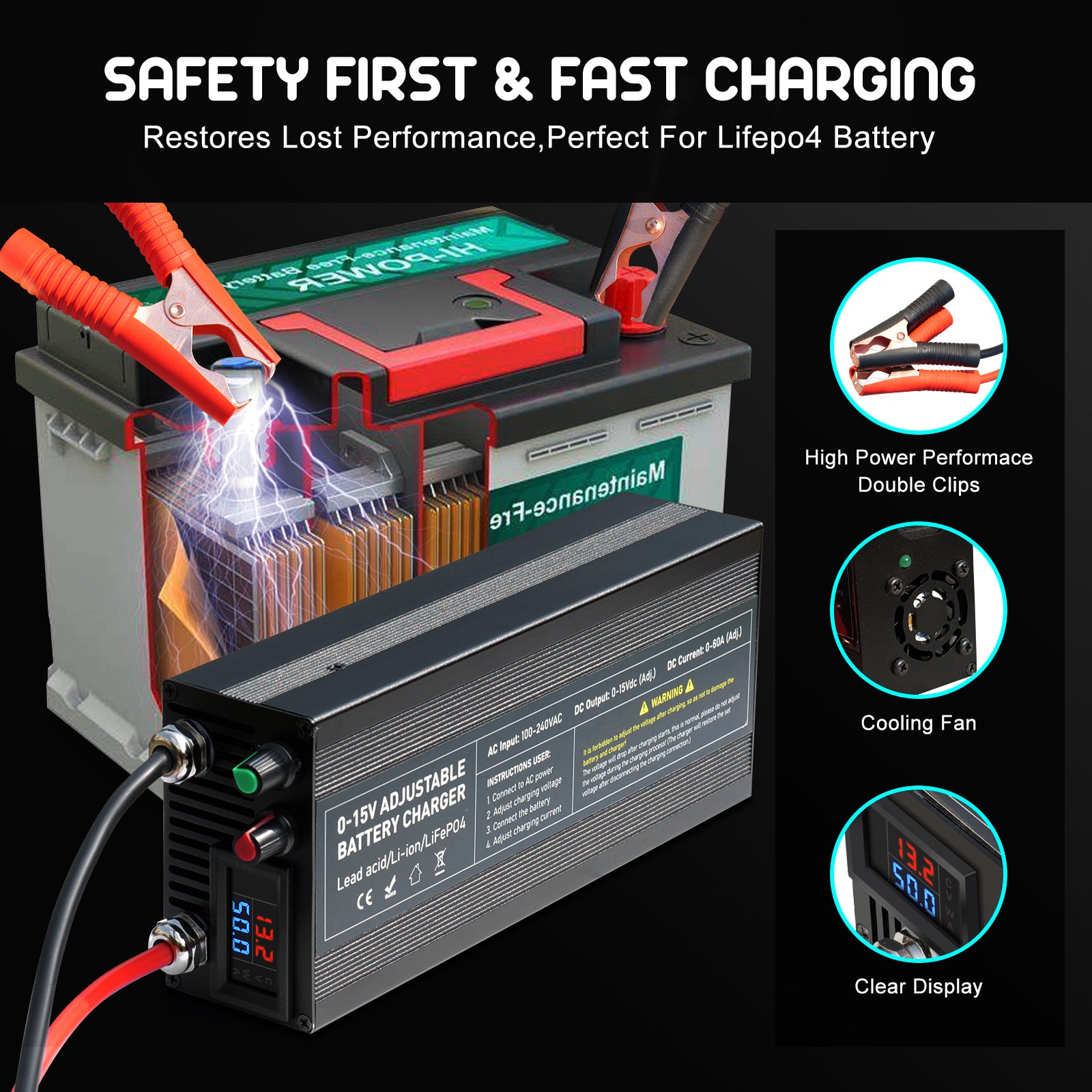 NOEIFEVO Justerbar spænding og strømområde 0-15V 1-60A /85A batterioplader, Kompatibel med 3,7V 6V 12V lithium, LiFePO4 og bly-syre batterier