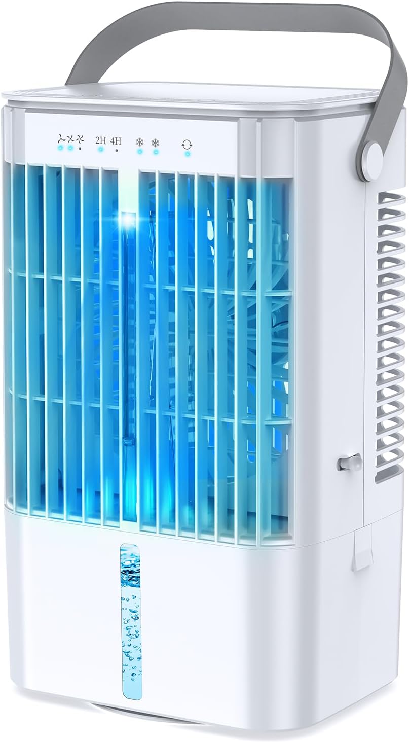 Aire acondicionado móvil 4 en 1, mini-enfriador de aire eficiente en energía con gran tanque de agua (1200 ml), enfriamiento por evaporación de 3 niveles, LED de 7 colores, temporizador y bajo nivel de ruido para oficina en casa y dormitorio