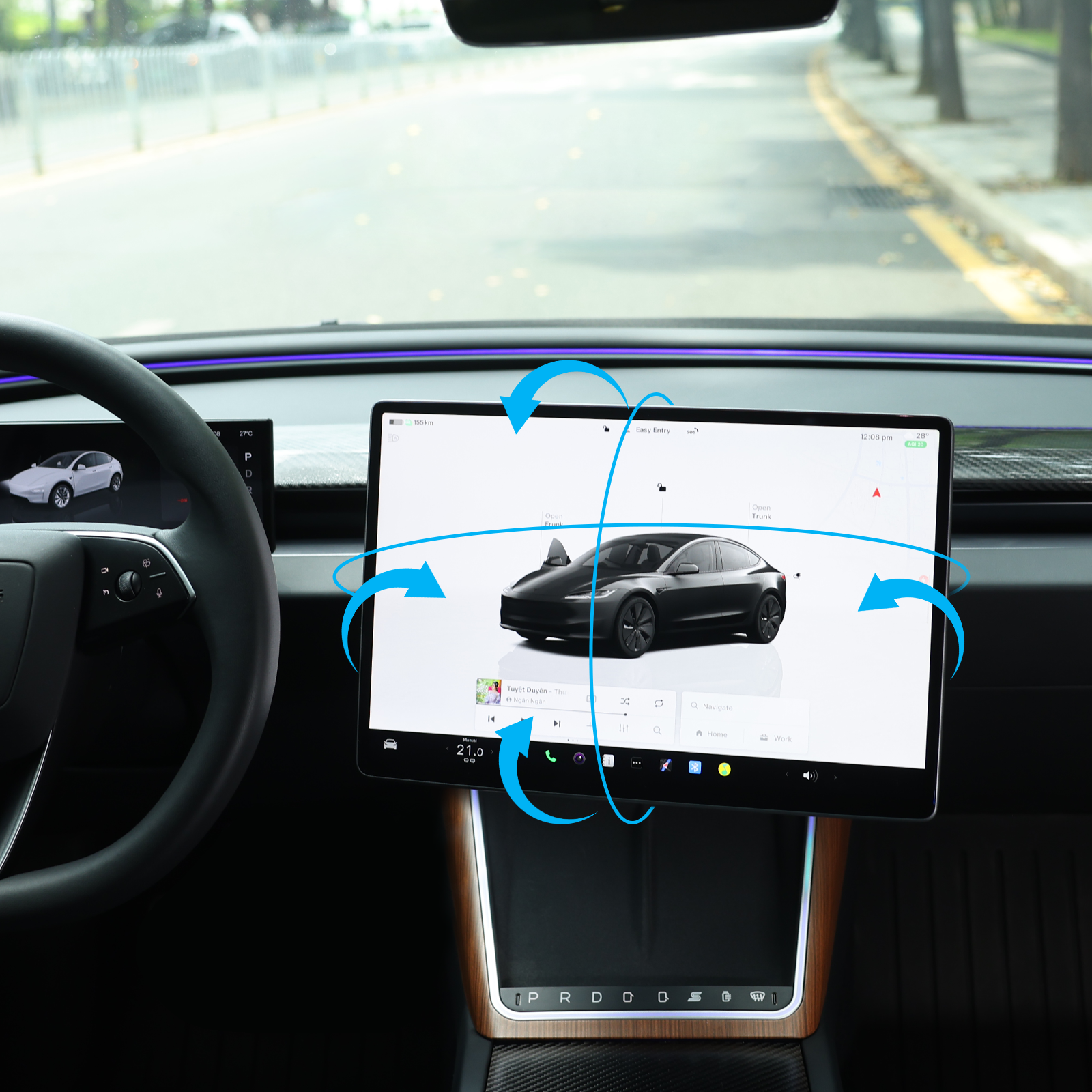 Tesla skjermholder 2.0 for Model 3/Y – 4-veis roterbar (40°), aluminium CNC, skjermhøyden forblir uendret, ingen slingring, antiblend