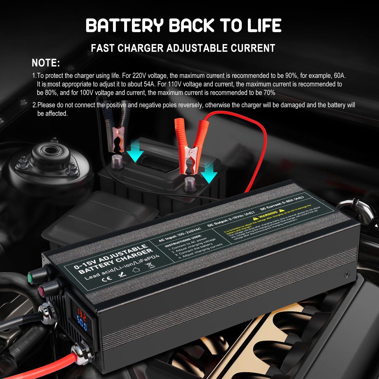 NOEIFEVO Einstellbarer Spannungs und Strombereich 0-15V 1-60A /85A Batterieladegerät , Kompatibel mit 3.7V 6V 12V Lithium, LiFePO4 und Blei-Säure-Batterien