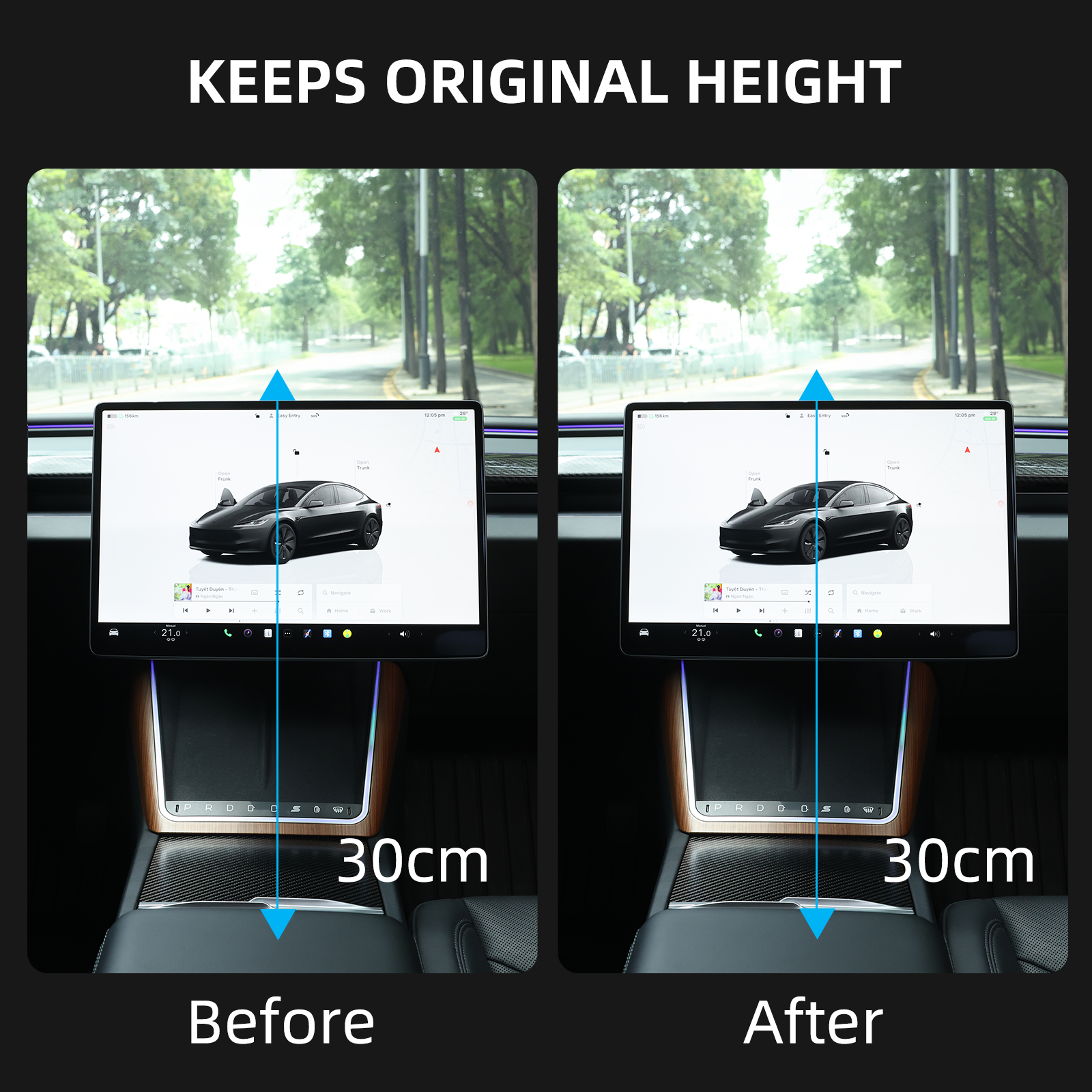 Tesla skjermholder 2.0 for Model 3/Y – 4-veis roterbar (40°), aluminium CNC, skjermhøyden forblir uendret, ingen slingring, antiblend