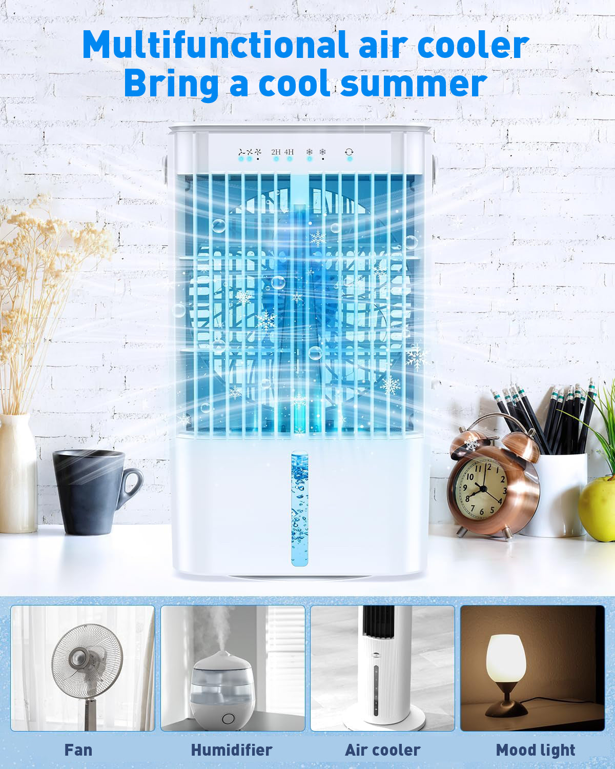 Aire acondicionado móvil 4 en 1, mini-enfriador de aire eficiente en energía con gran tanque de agua (1200 ml), enfriamiento por evaporación de 3 niveles, LED de 7 colores, temporizador y bajo nivel de ruido para oficina en casa y dormitorio