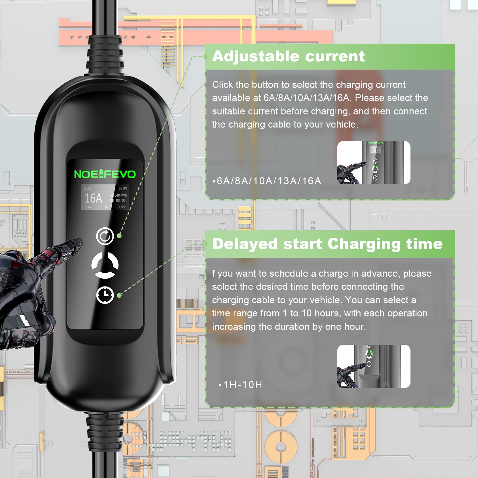 10Meters 11KW Type 2 16A 3 Phase Mobile EV Charging Station EV Wallbox, CEE 16A Plug, Schuko Plug for Traveling