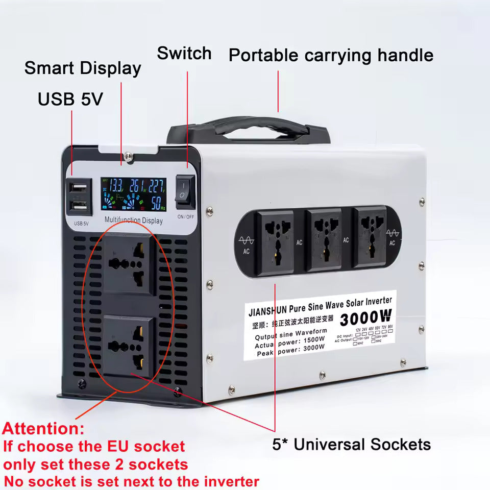 Inversor de onda sinusoidal pura 1500W/3000W DC 12V 24V 48V 60V 72V a AC 220V 50Hz convertidor para batería solar y de coche, con pantalla LED