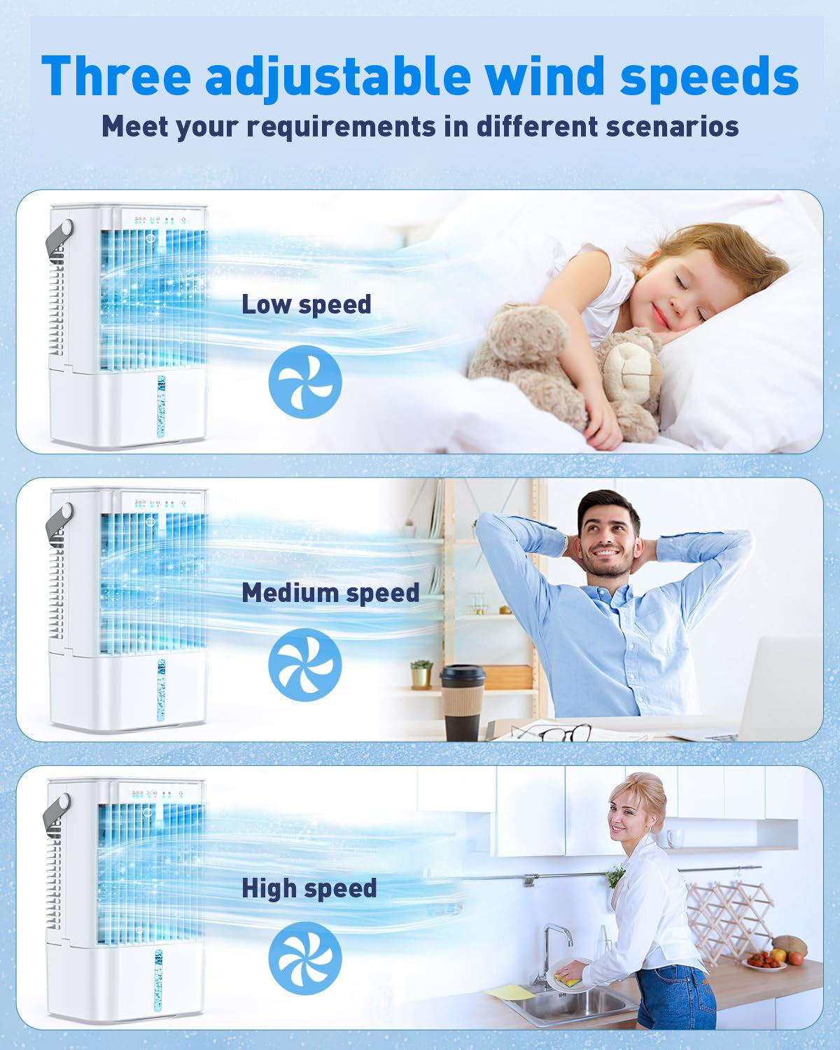 Aire acondicionado móvil 4 en 1, mini-enfriador de aire eficiente en energía con gran tanque de agua (1200 ml), enfriamiento por evaporación de 3 niveles, LED de 7 colores, temporizador y bajo nivel de ruido para oficina en casa y dormitorio