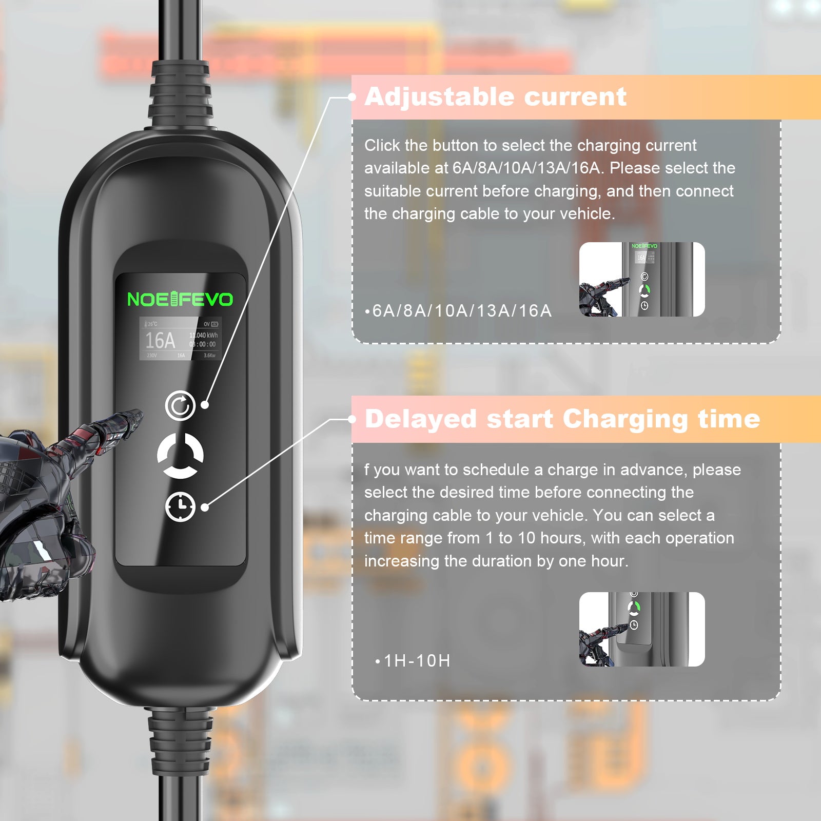 Noeifevo 11KW nabíječka autobaterií, Type2 to CEE16A EV Charger with Household Adapter , 5m/10/15m