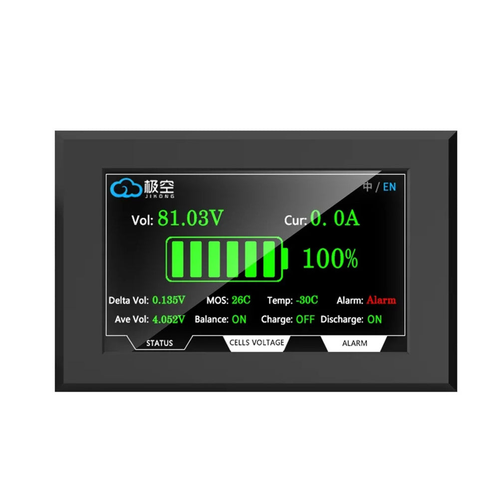 Wyświetlacz baterii LCD TFT 4,3 cala – Wyświetlanie napięcia, prądu, SOC i temperatury, ekran dotykowy – Do Jikong BMS (88,5 × 135,9 mm)