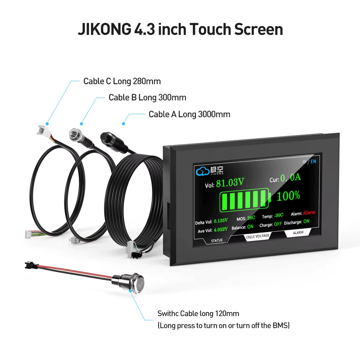 Wyświetlacz baterii LCD TFT 4,3 cala – Wyświetlanie napięcia, prądu, SOC i temperatury, ekran dotykowy – Do Jikong BMS (88,5 × 135,9 mm)