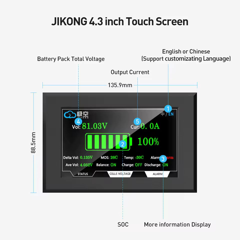 Wyświetlacz baterii LCD TFT 4,3 cala – Wyświetlanie napięcia, prądu, SOC i temperatury, ekran dotykowy – Do Jikong BMS (88,5 × 135,9 mm)