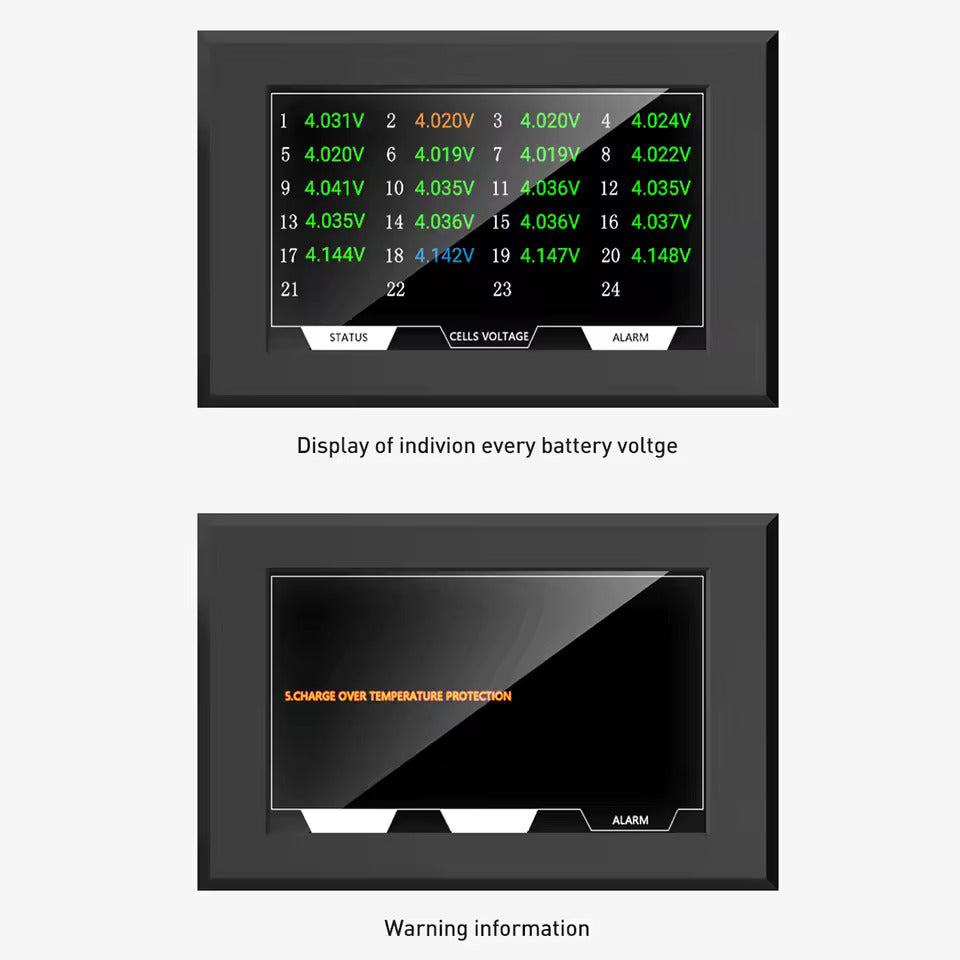 Wyświetlacz baterii LCD TFT 4,3 cala – Wyświetlanie napięcia, prądu, SOC i temperatury, ekran dotykowy – Do Jikong BMS (88,5 × 135,9 mm)