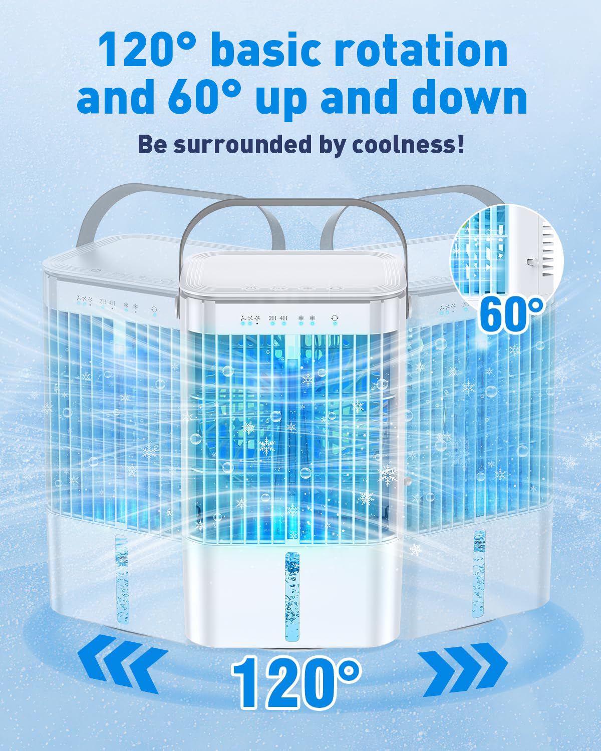 Aire acondicionado móvil 4 en 1, mini-enfriador de aire eficiente en energía con gran tanque de agua (1200 ml), enfriamiento por evaporación de 3 niveles, LED de 7 colores, temporizador y bajo nivel de ruido para oficina en casa y dormitorio